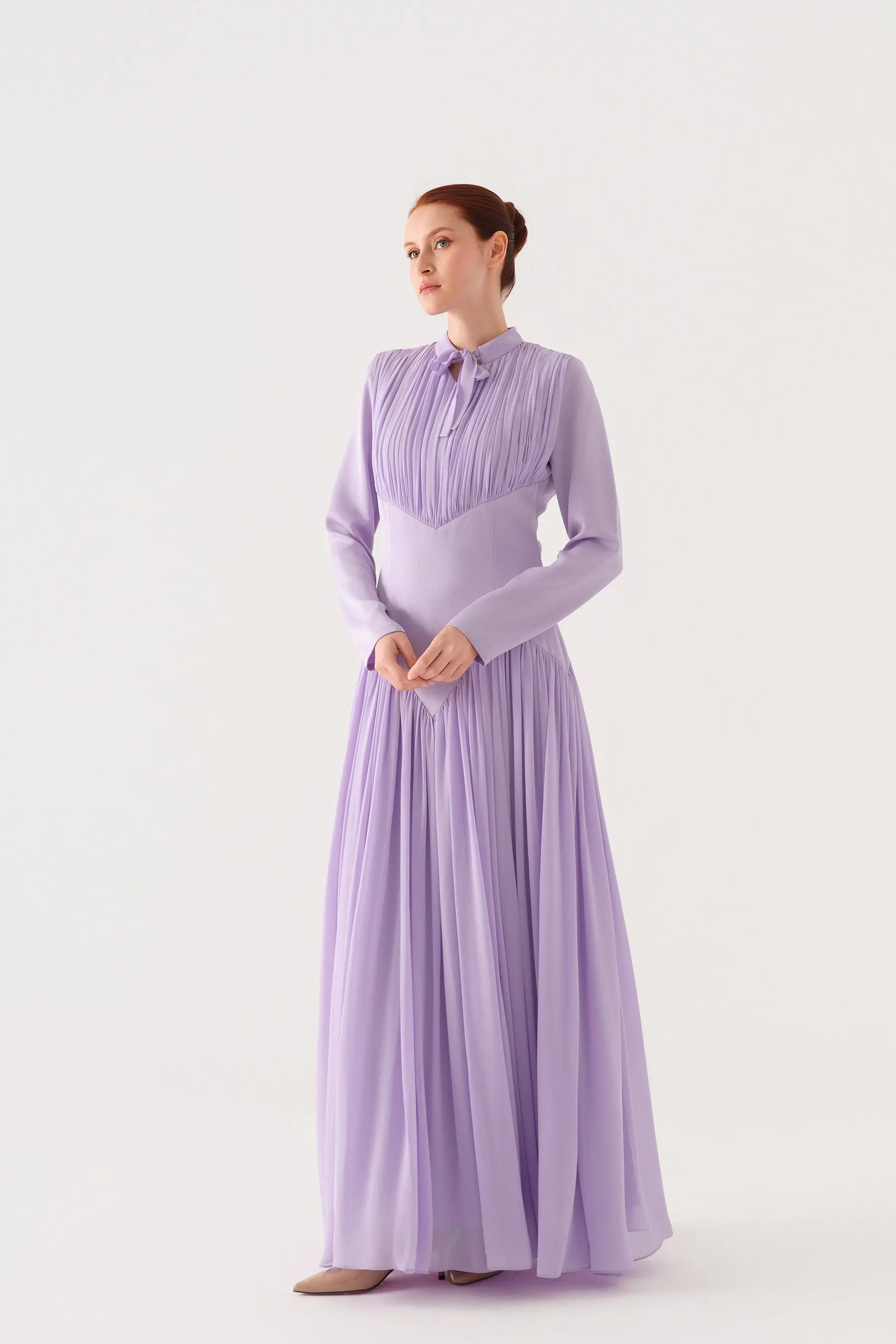 Bow-Neck Corset-Waist Crepe Maxi Dress – Lilac, photo 8