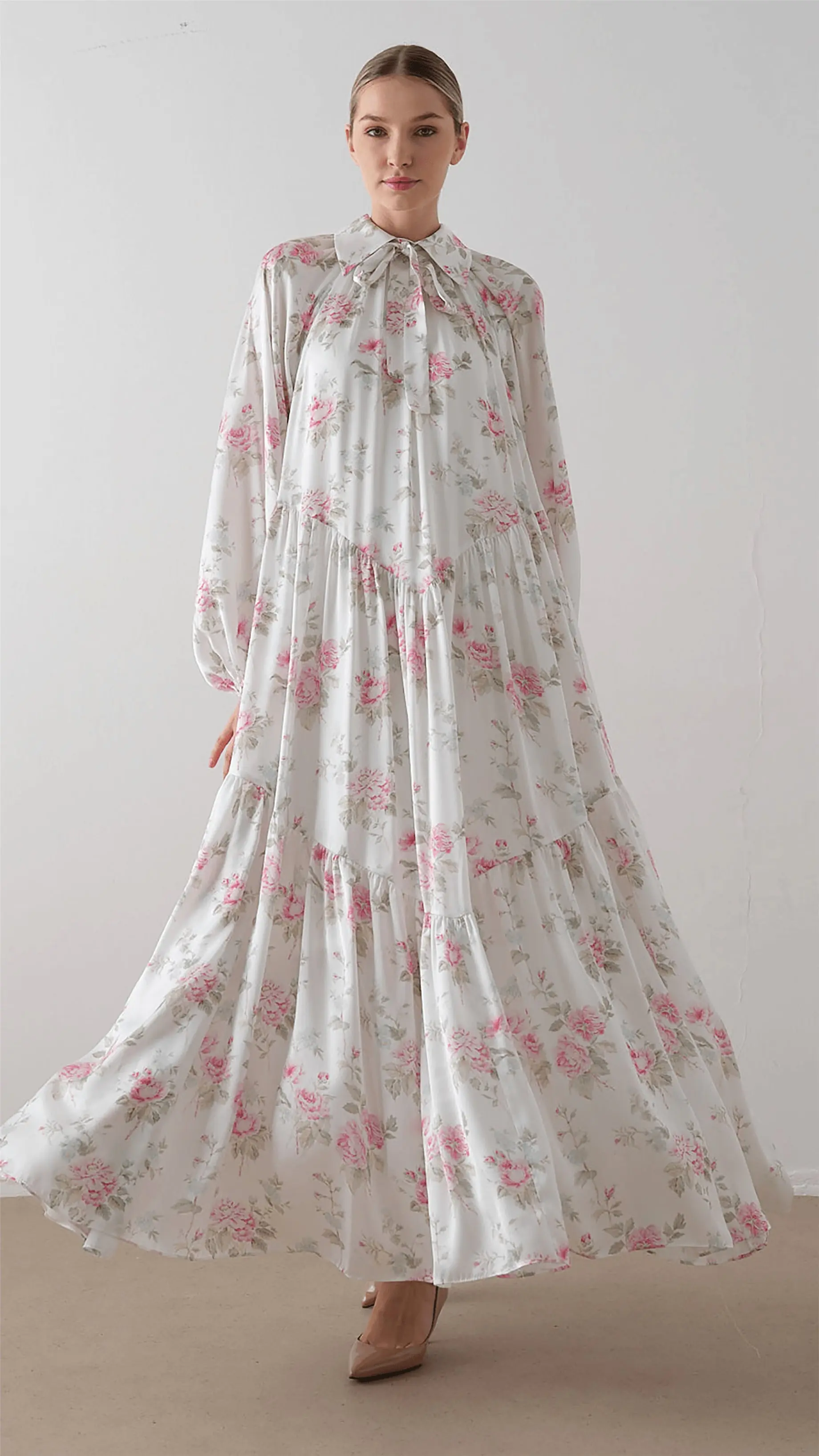Bow-Neck Floral Chiffon Satin Dress – Cream, photo 7