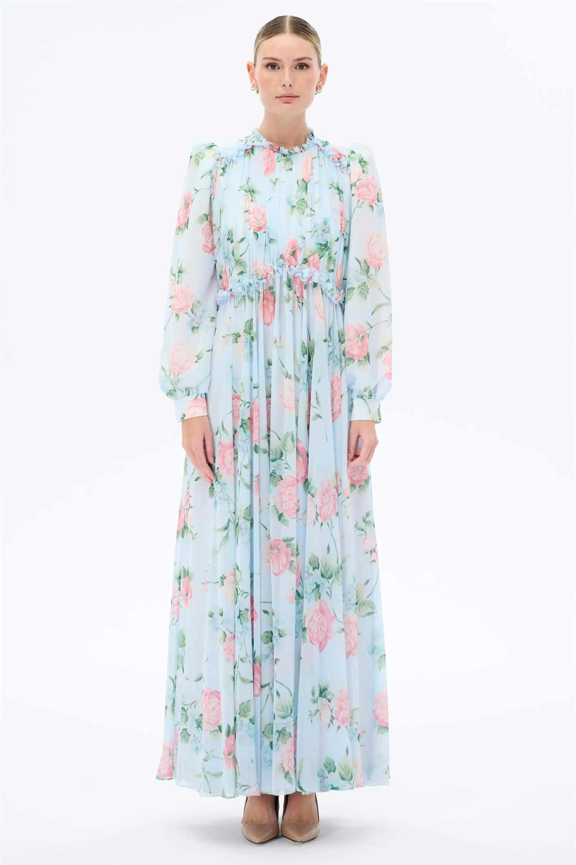 Ruffle-Detail Floral Dress – Blue