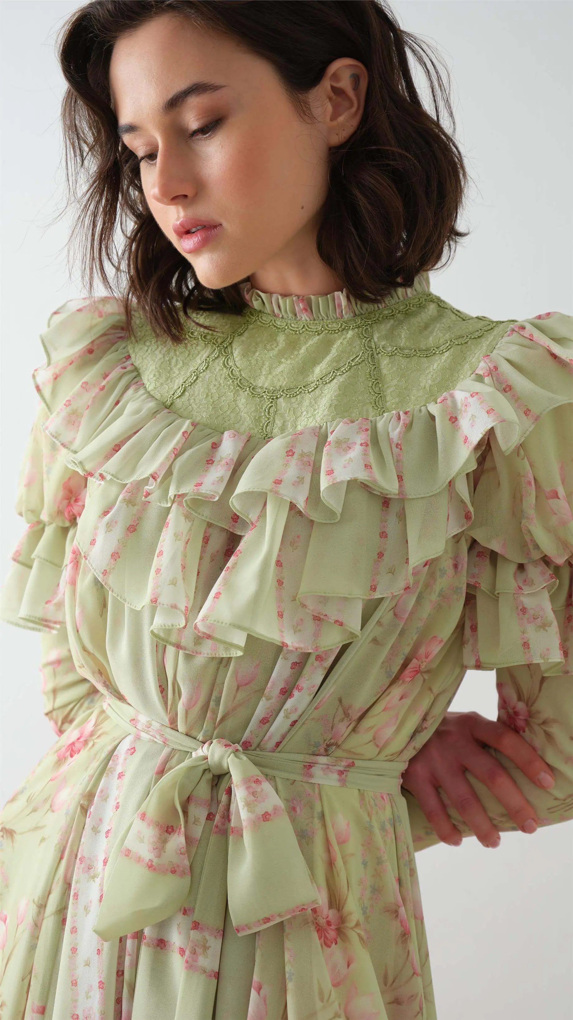 Broderie Panel Detail Long Dress - Olive Green, photo 2