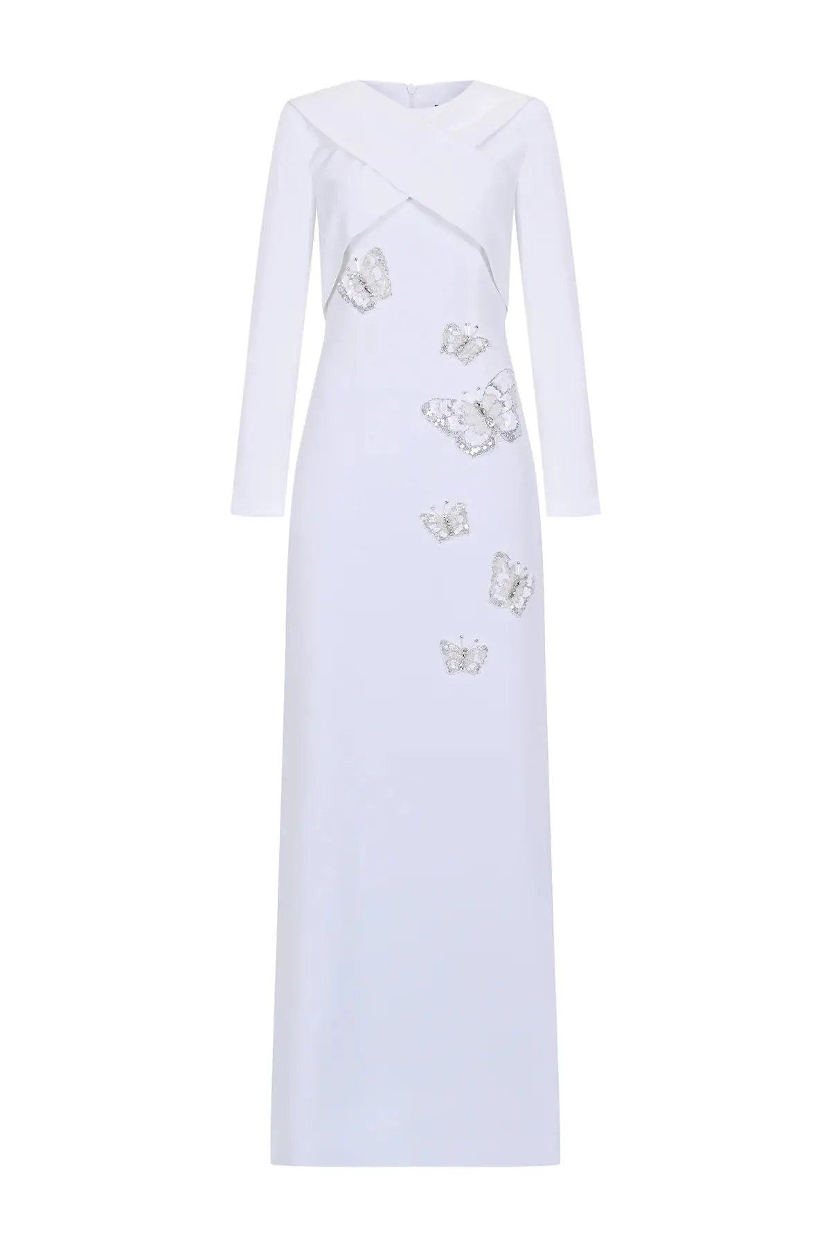Embroidered Long-Sleeve Evening Dress – White