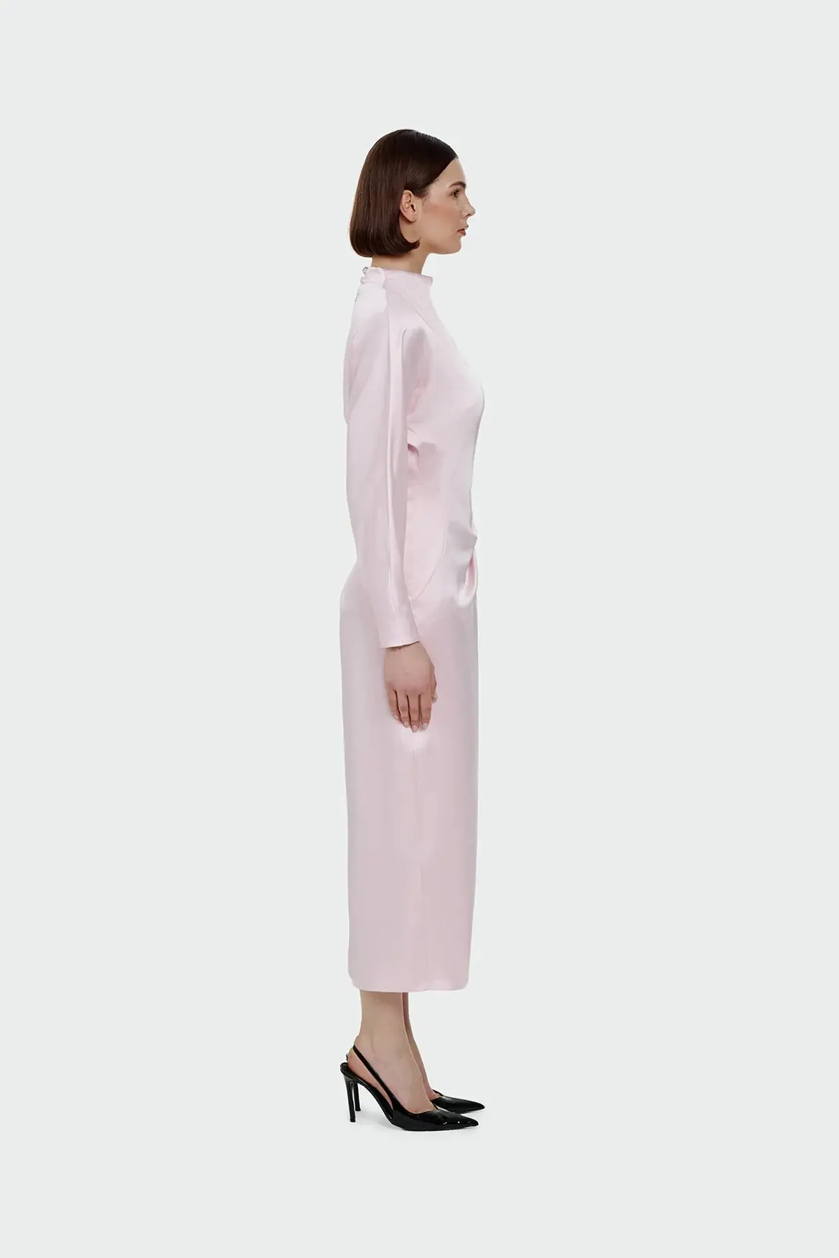 Ruched Waist Satin Midi Dress - Pink, photo 3