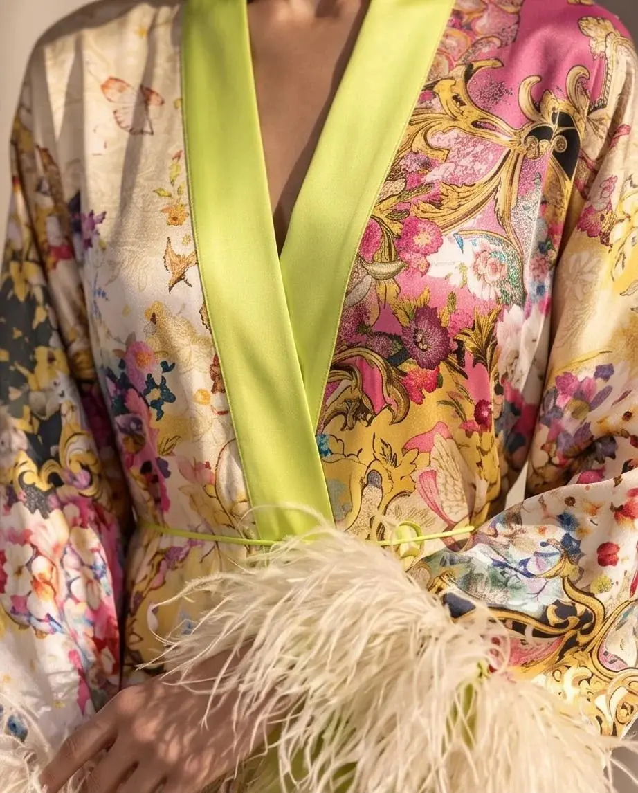 Rita Floral Kimono with Ostrich Feather Trim - Lime Green, photo 6
