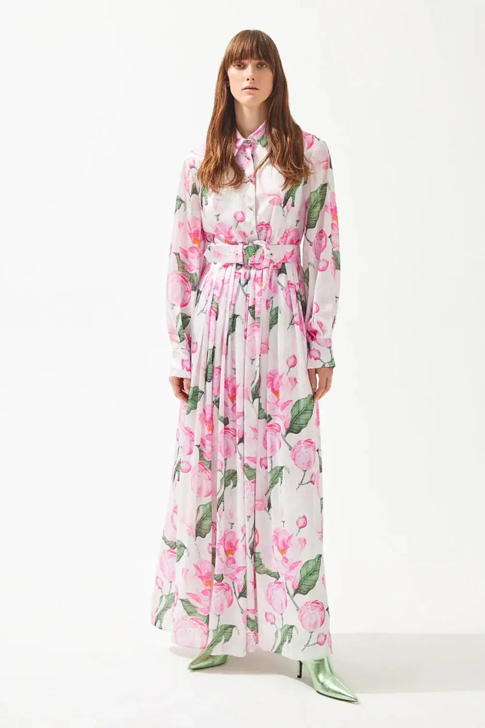 Patterned Shirt-Collar Pleated Long Dress - Rose