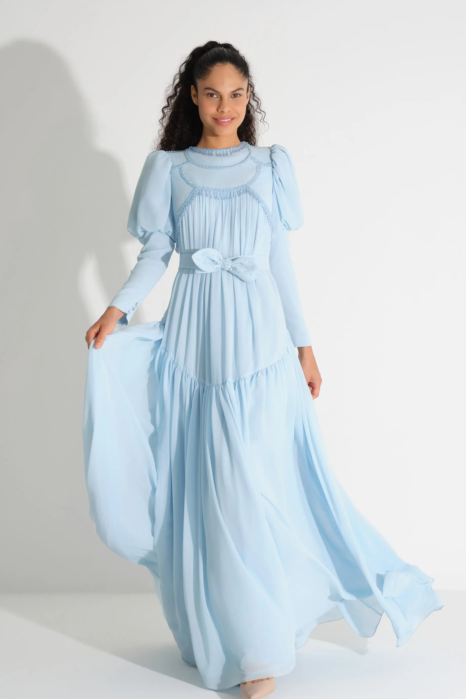 Beaded Stone-Embellished Chiffon Dress – Blue, photo 4