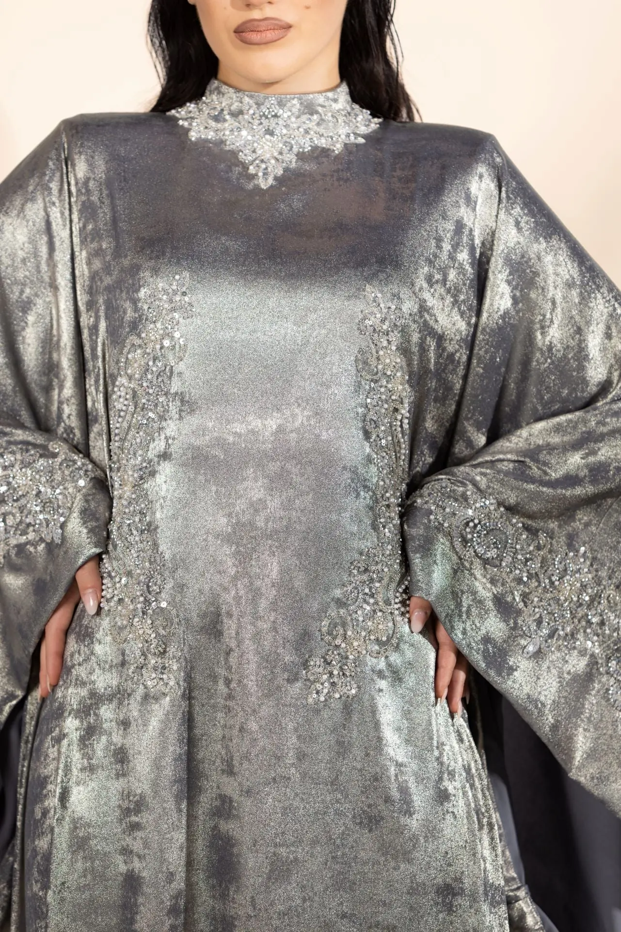 Starfall Embellished Abaya – Silver, photo 2