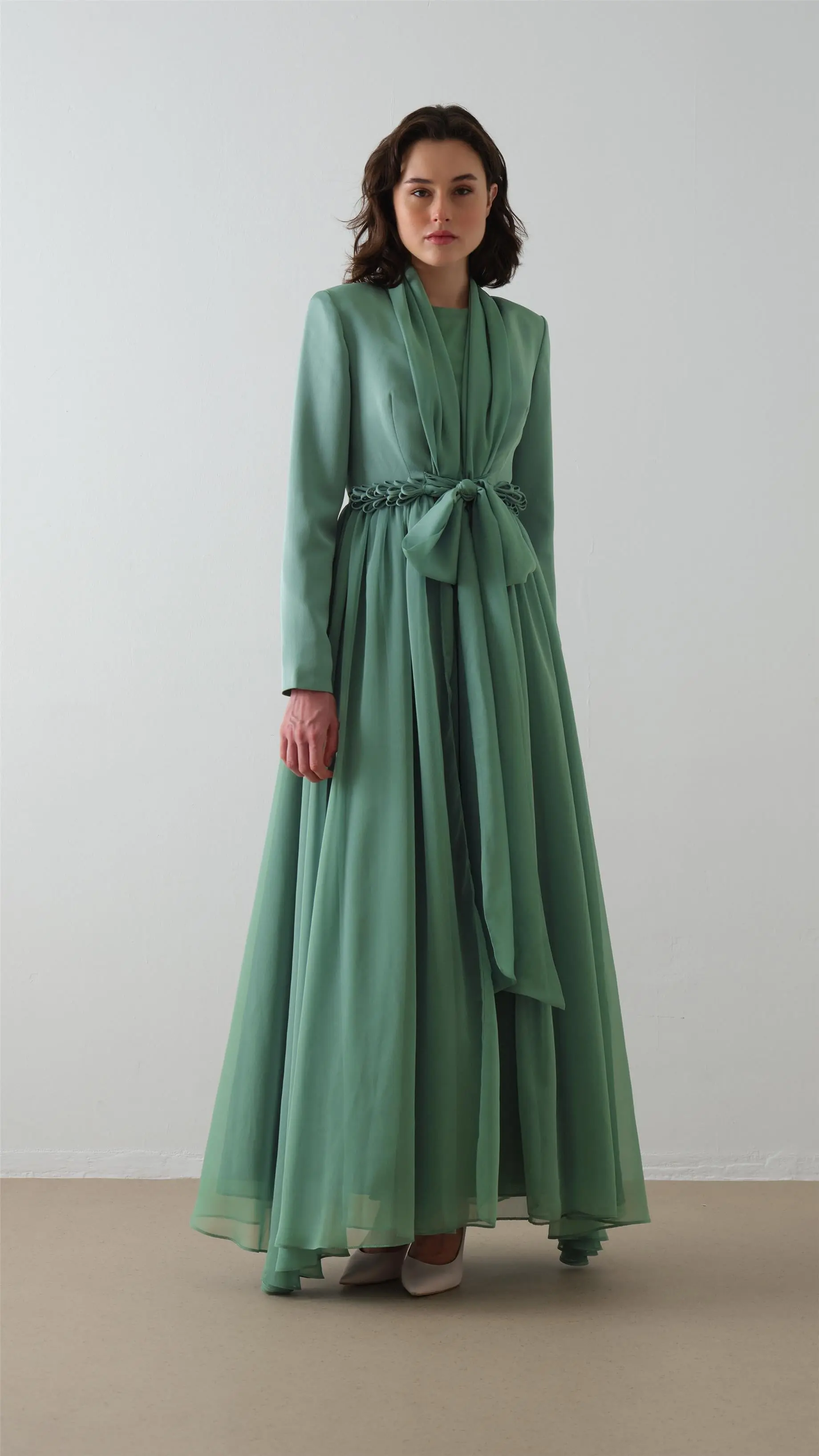 Scarf-Collar Jacket and Dress Set - Green