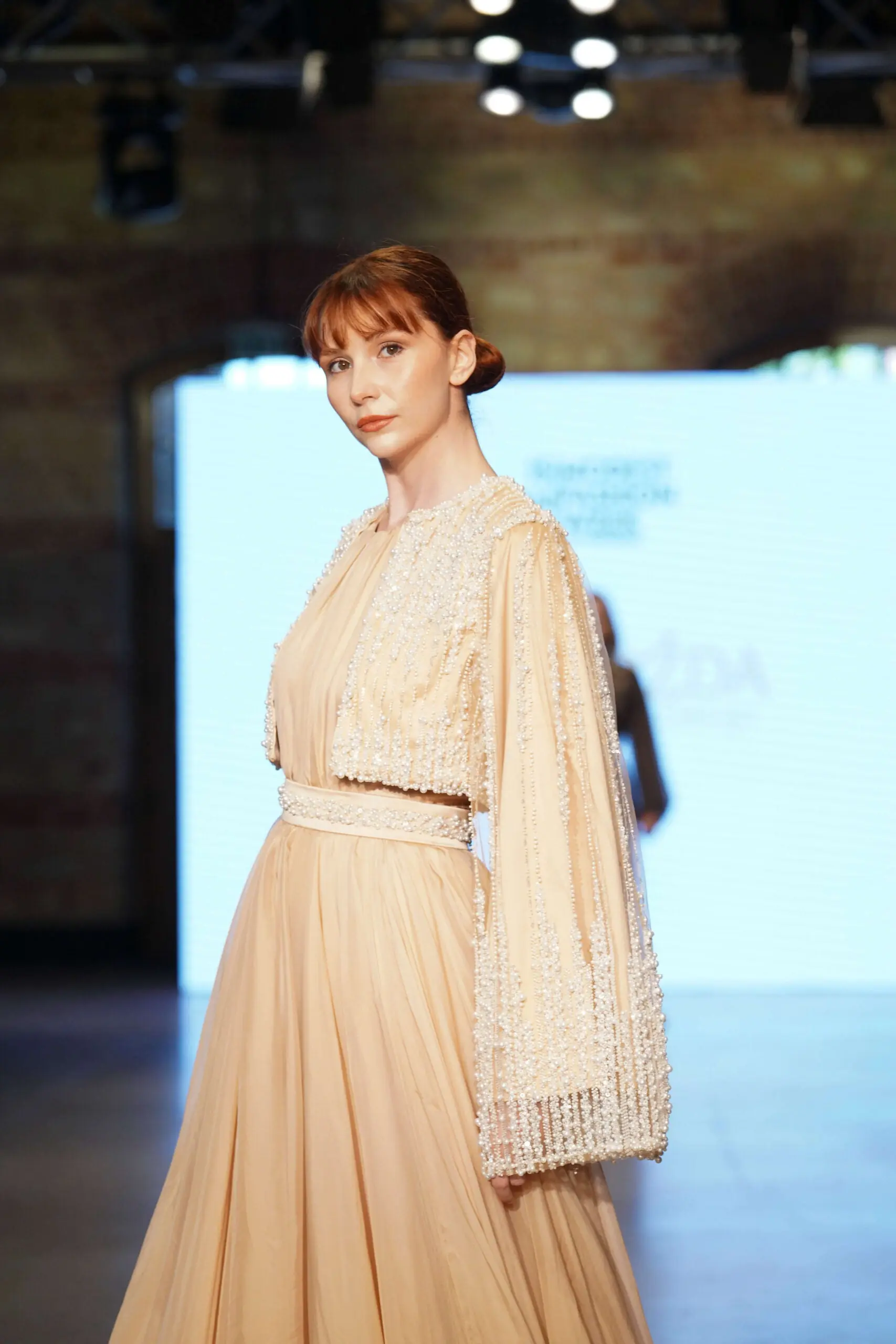 Emerald Echo Balcanian Pearl-Embroidered Silk Gown – Gold Beige, photo 2