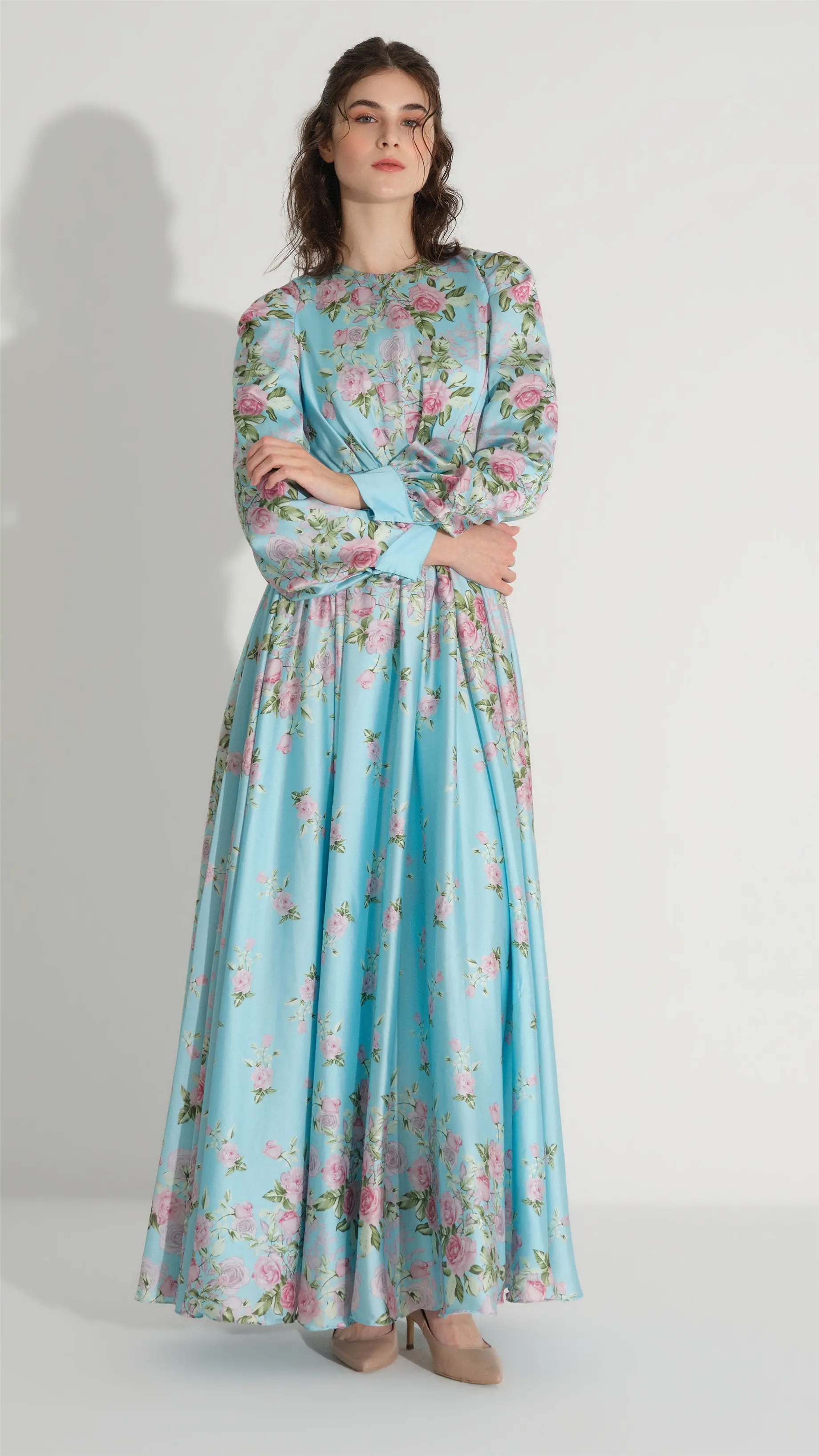 Floral Satin A-Line Dress – Blue, photo 4