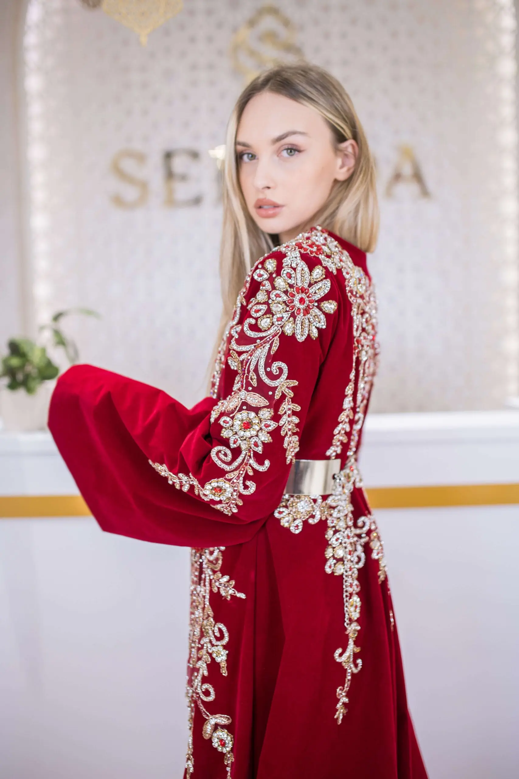 Whispered Elegance Velvet Kaftan – Red, photo 3