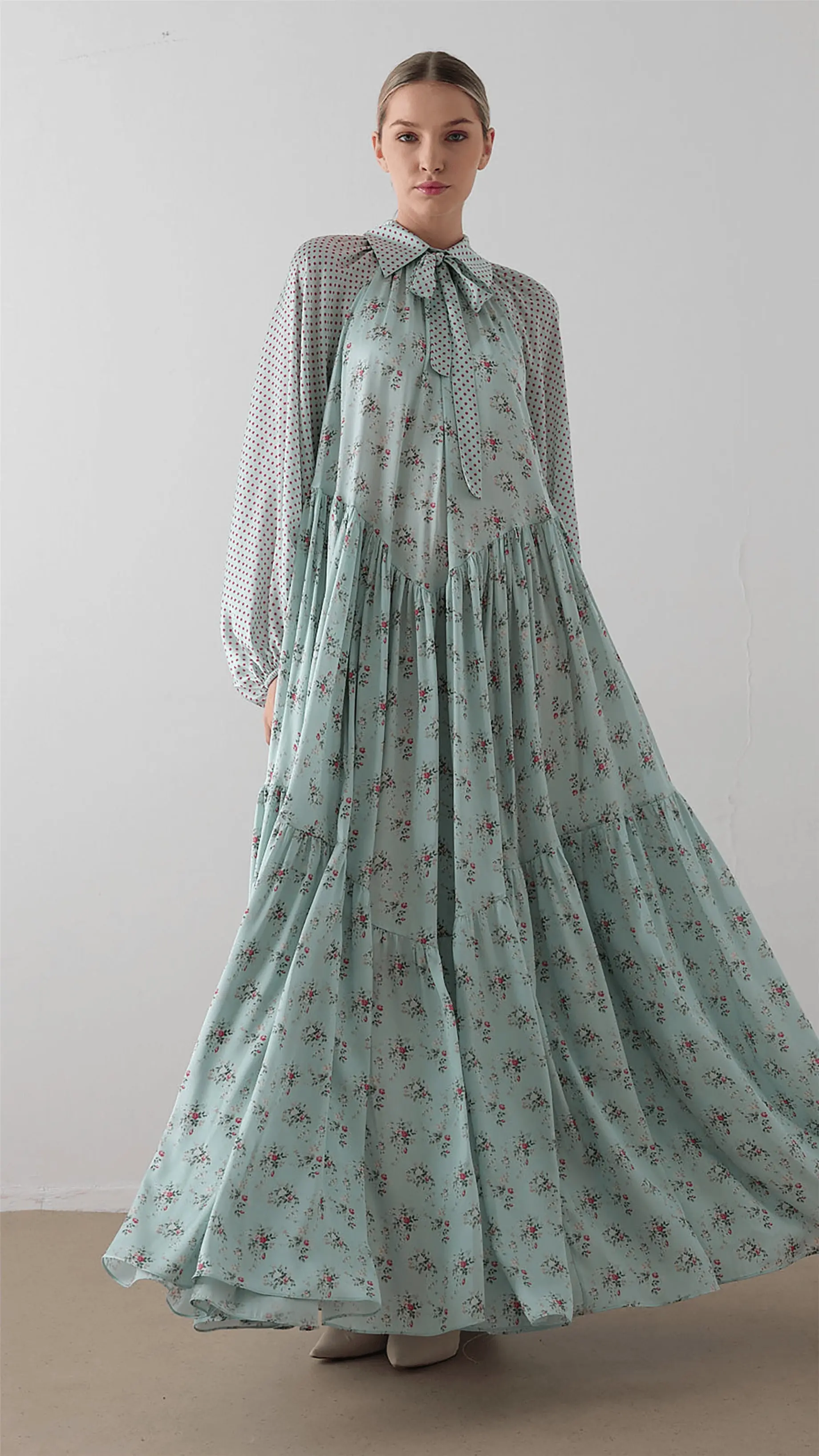 Bow Neck Chiffon Satin Dress – Mint, photo 3