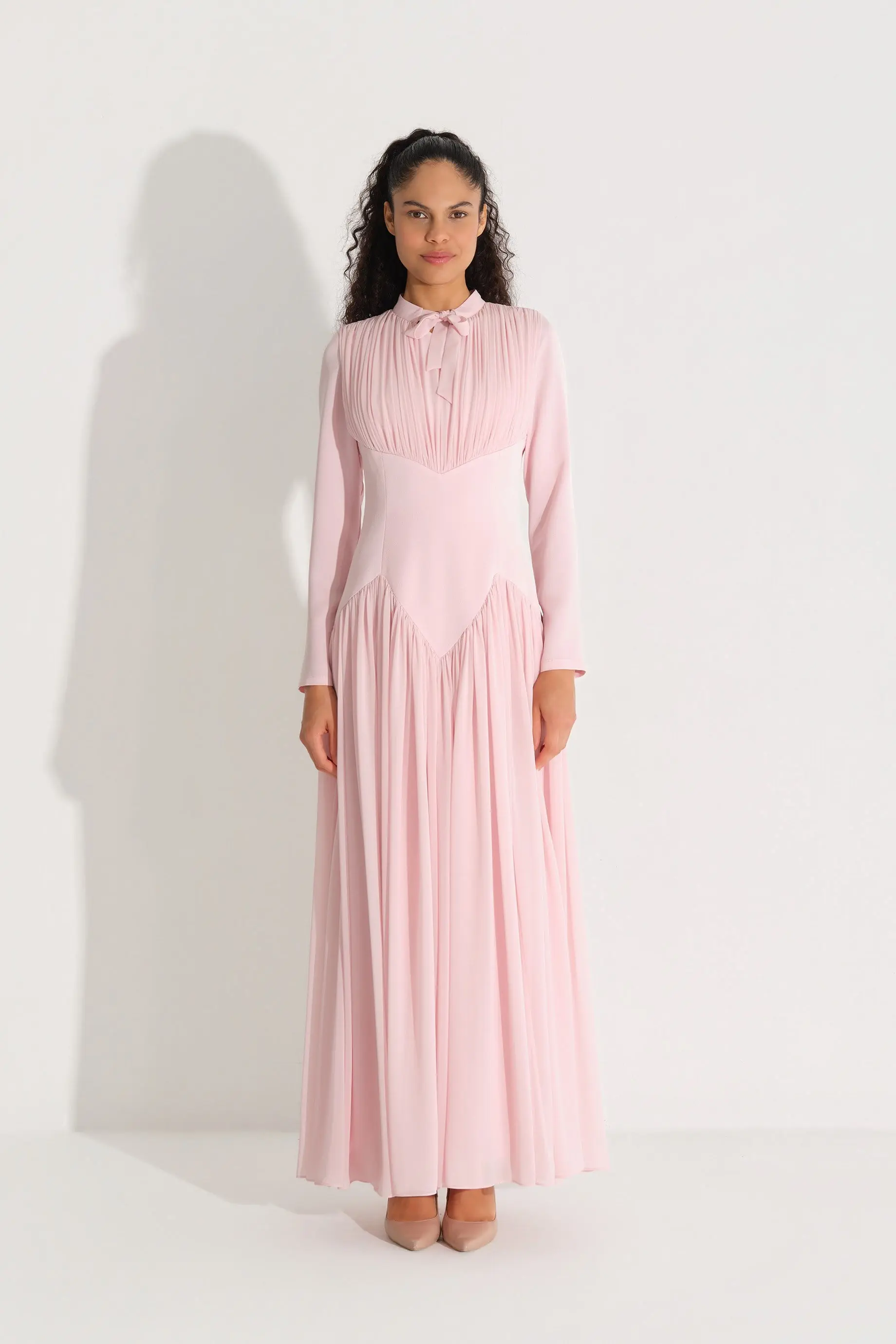 Bow-Neck Corset-Detail Chiffon Dress with Long Sleeves - Pink