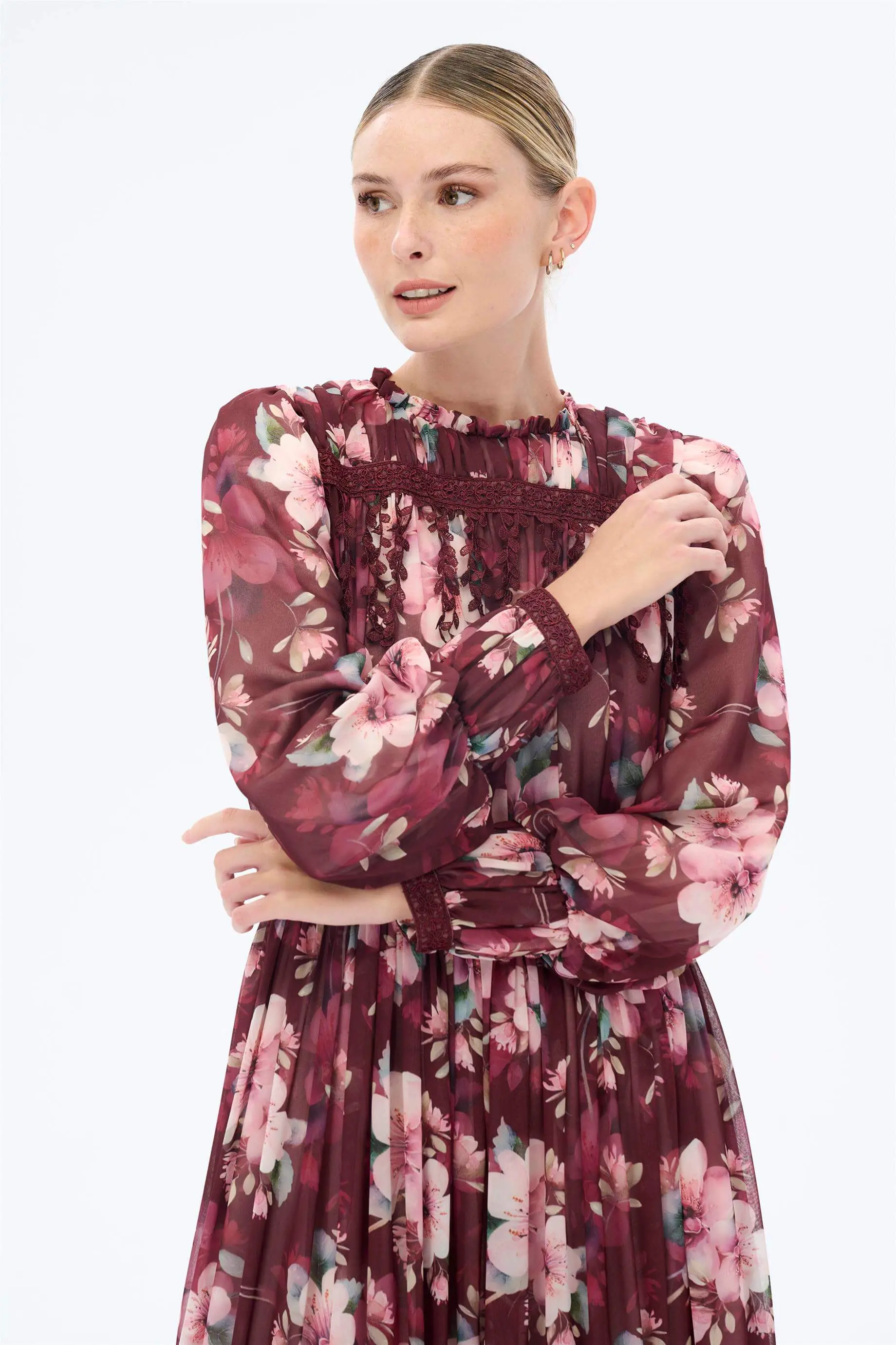 ŞERİT DANTELLİ ŞİFON ELBİSE Bordo, photo 4
