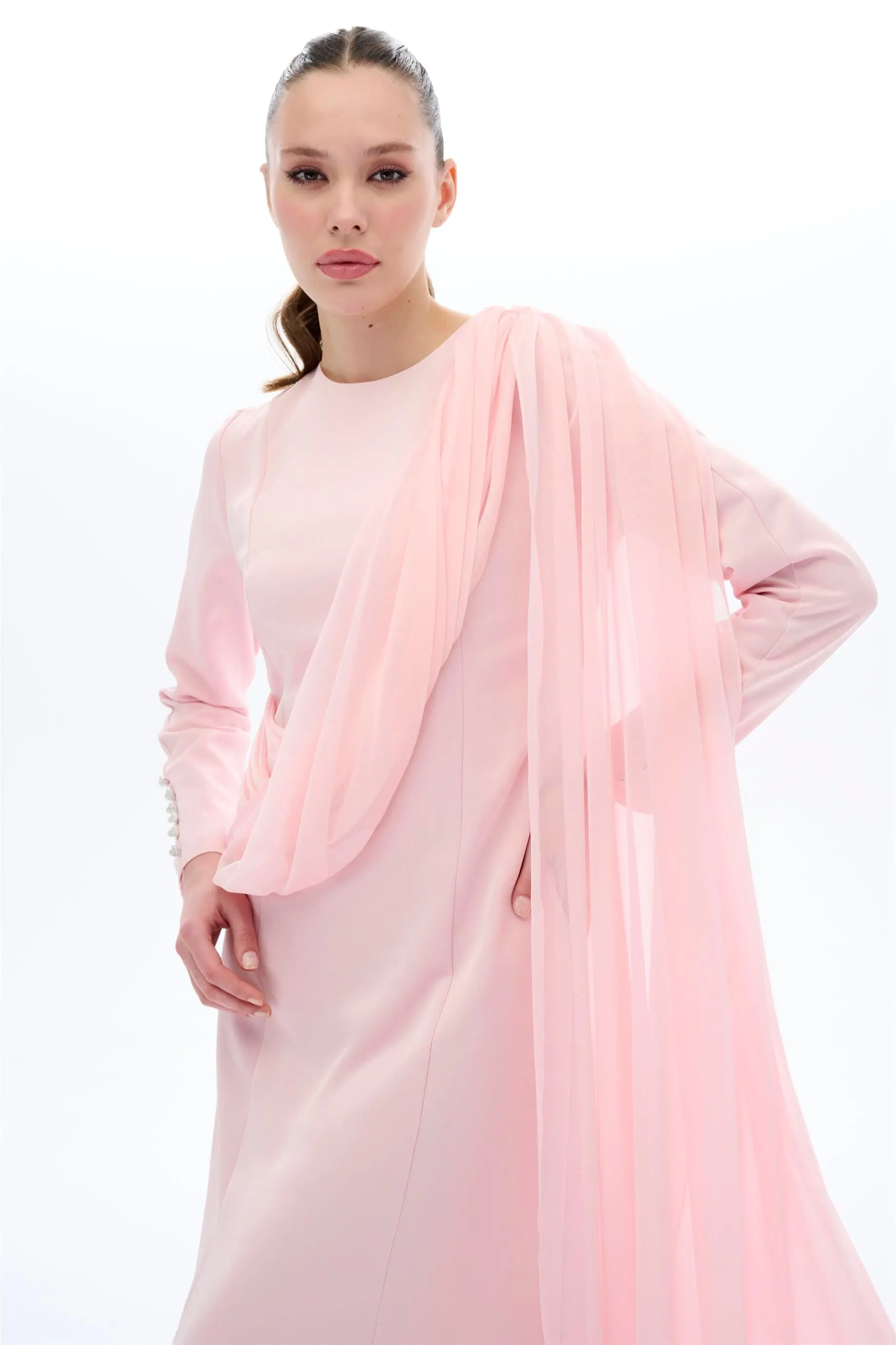 Powder Pink One-Shoulder Cape Detail Maxi Dress, photo 2