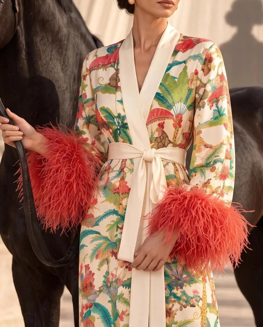 Coco Feather-Trimmed Kimono - Ivory & Red, photo 8