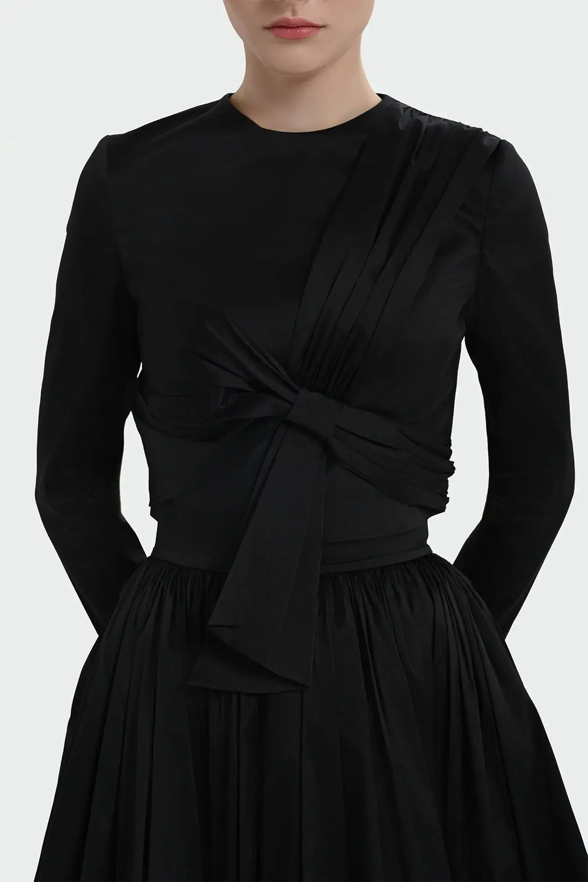 Long-Sleeve Dress with Front Tie Detail - Black, photo 2