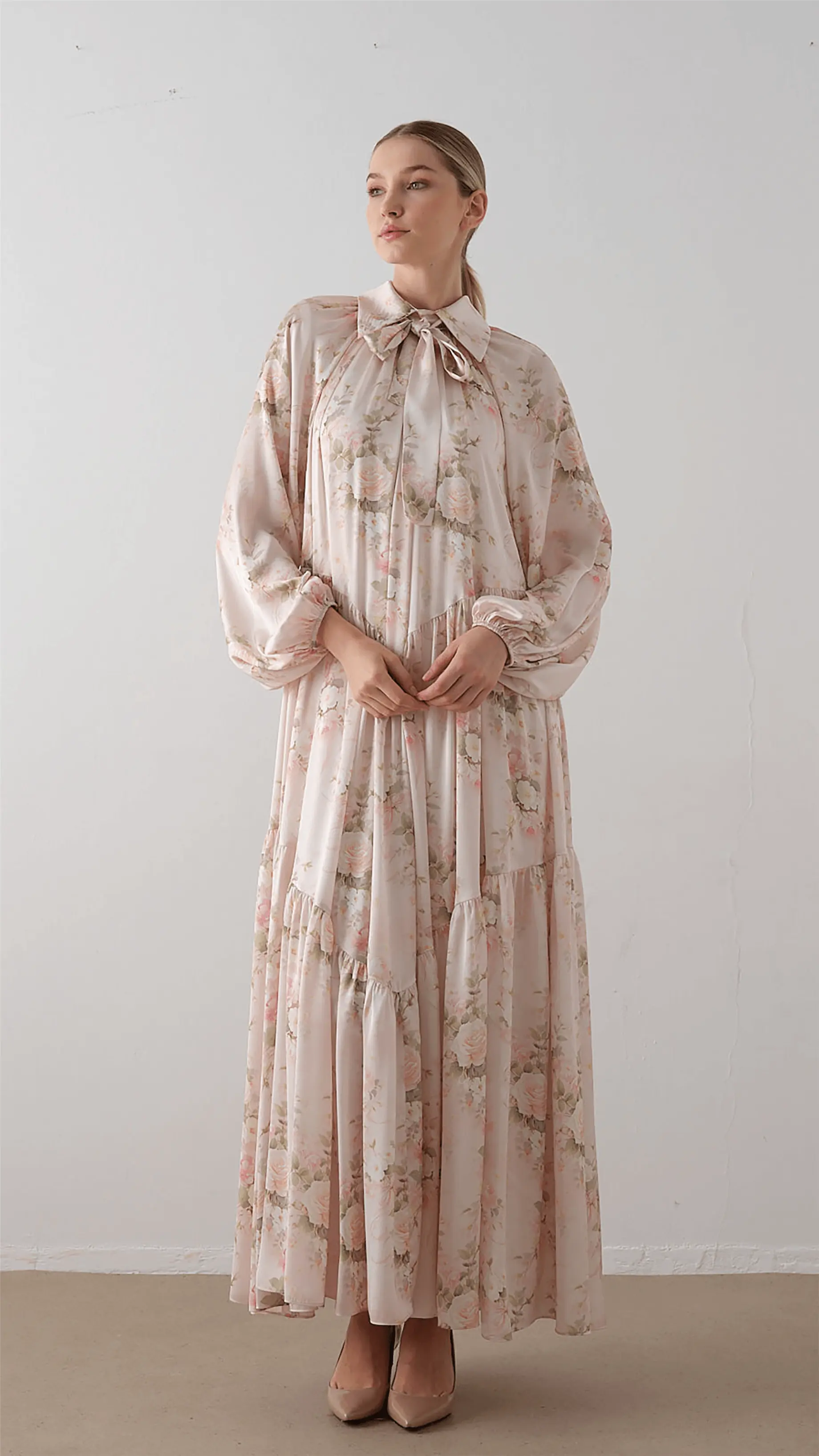 YAKASI FİYONKLU ŞİFON SATEN ELBİSE Pembe, photo 7