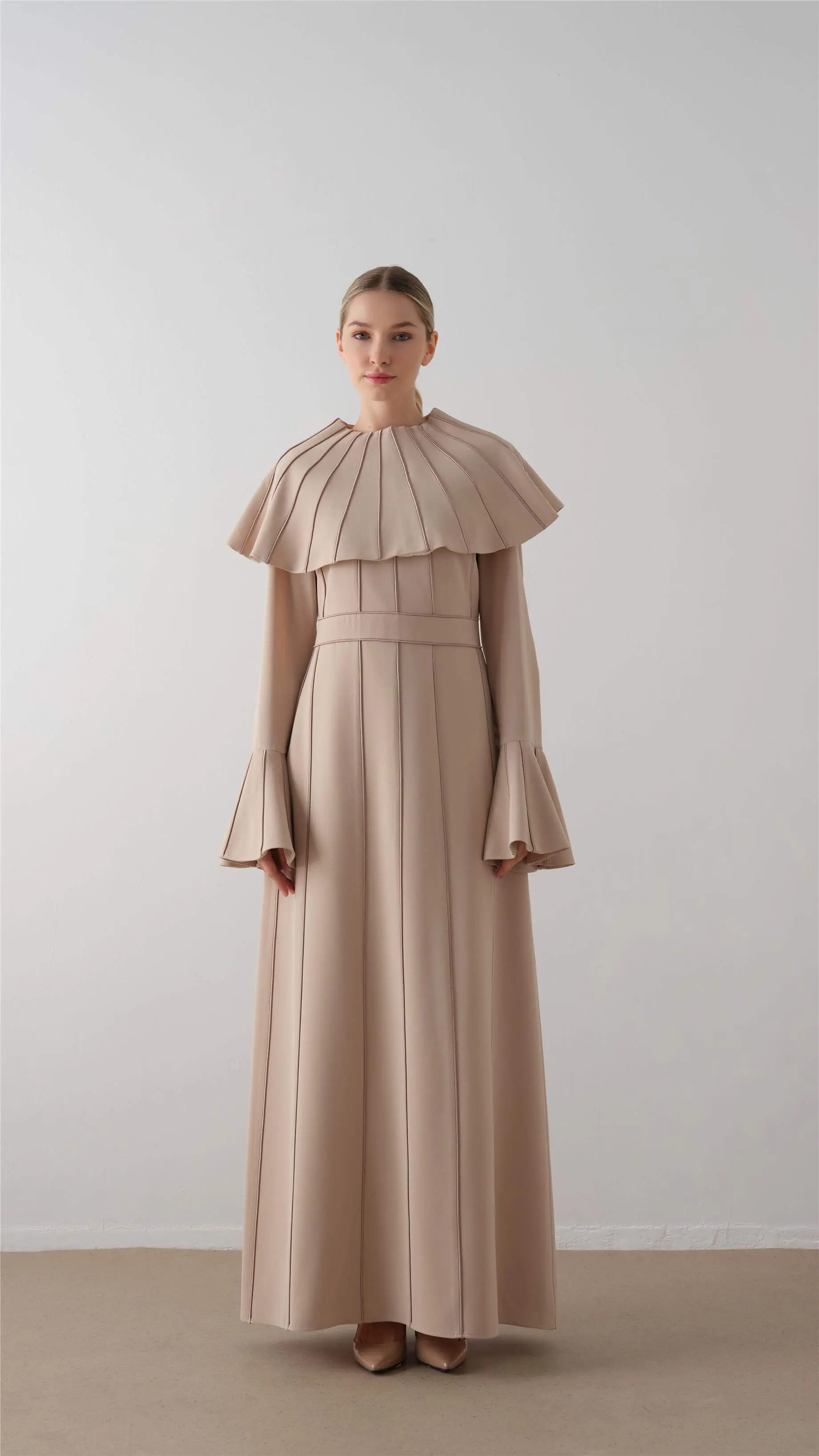 Pleated Cape Crepe Dress – Beige