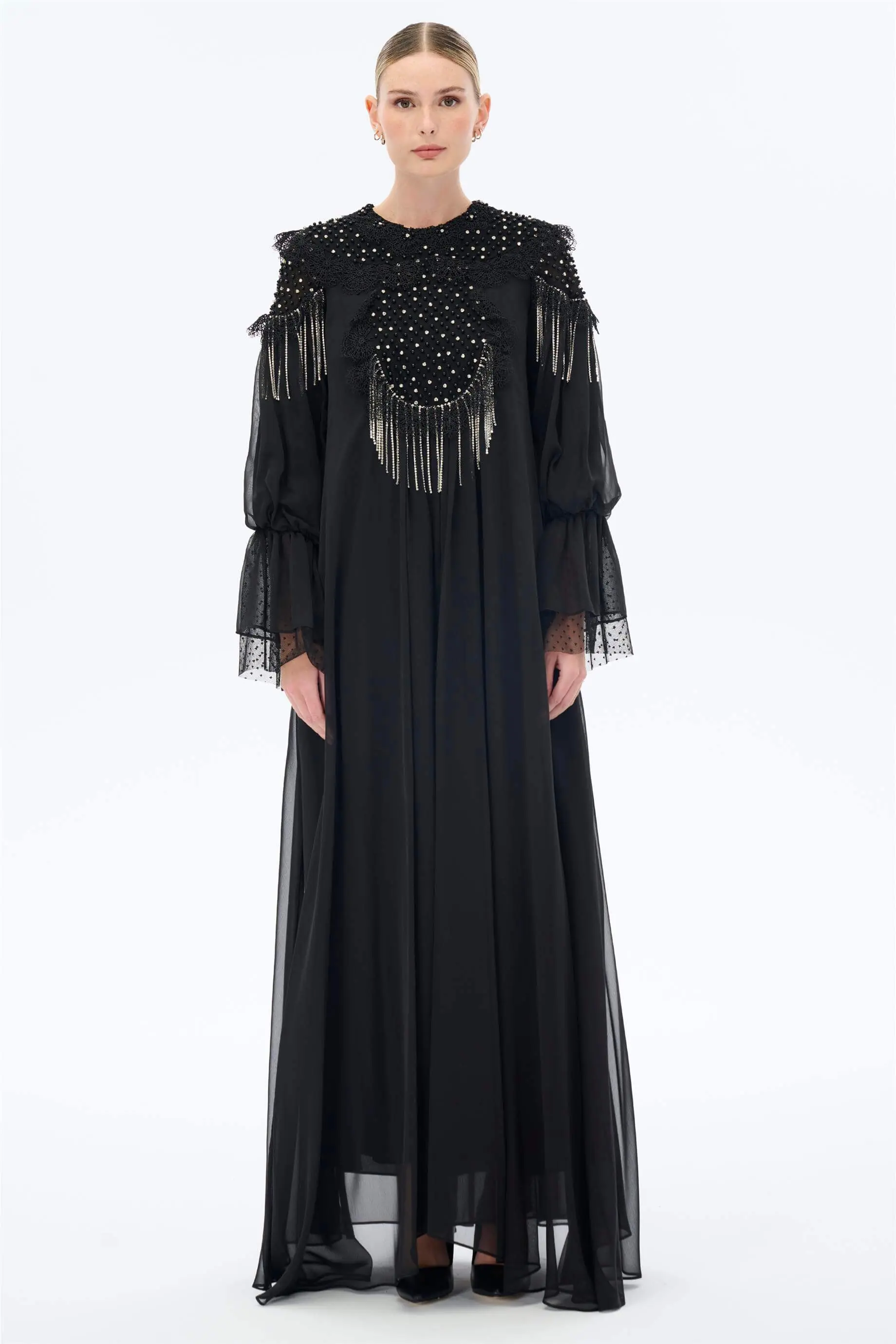 Embellished Oversized Chiffon Maxi Dress - Black