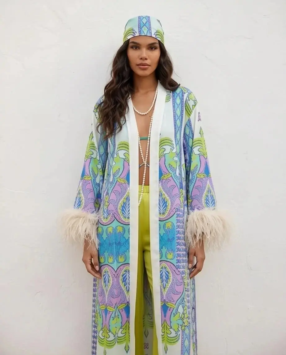 Rita Printed Silk Feather-Trim Kaftan – Turquoise, photo 2