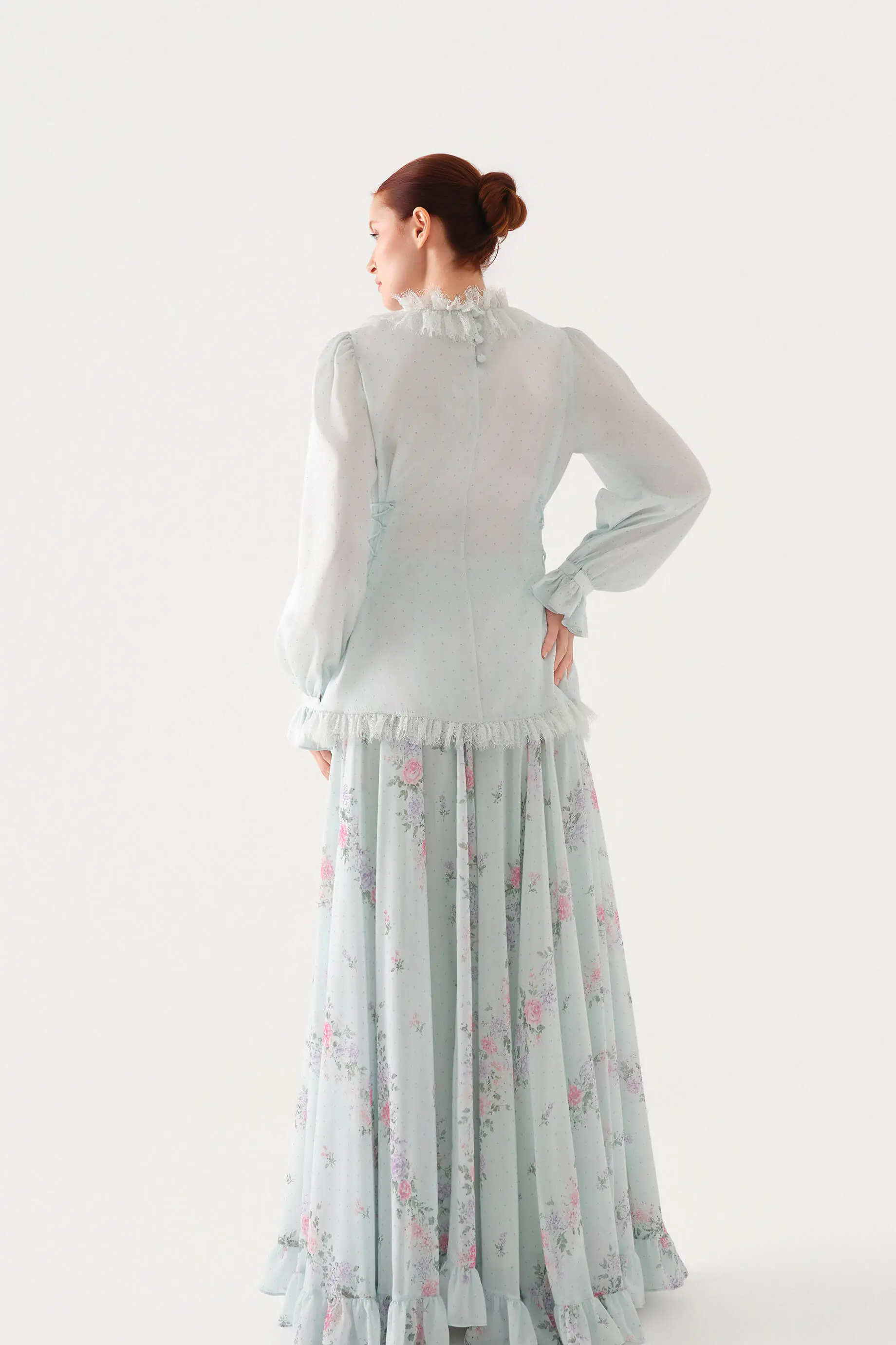 Polka-Dot Lace-Trim Blouse and Chiffon Skirt Set – Blue, photo 5