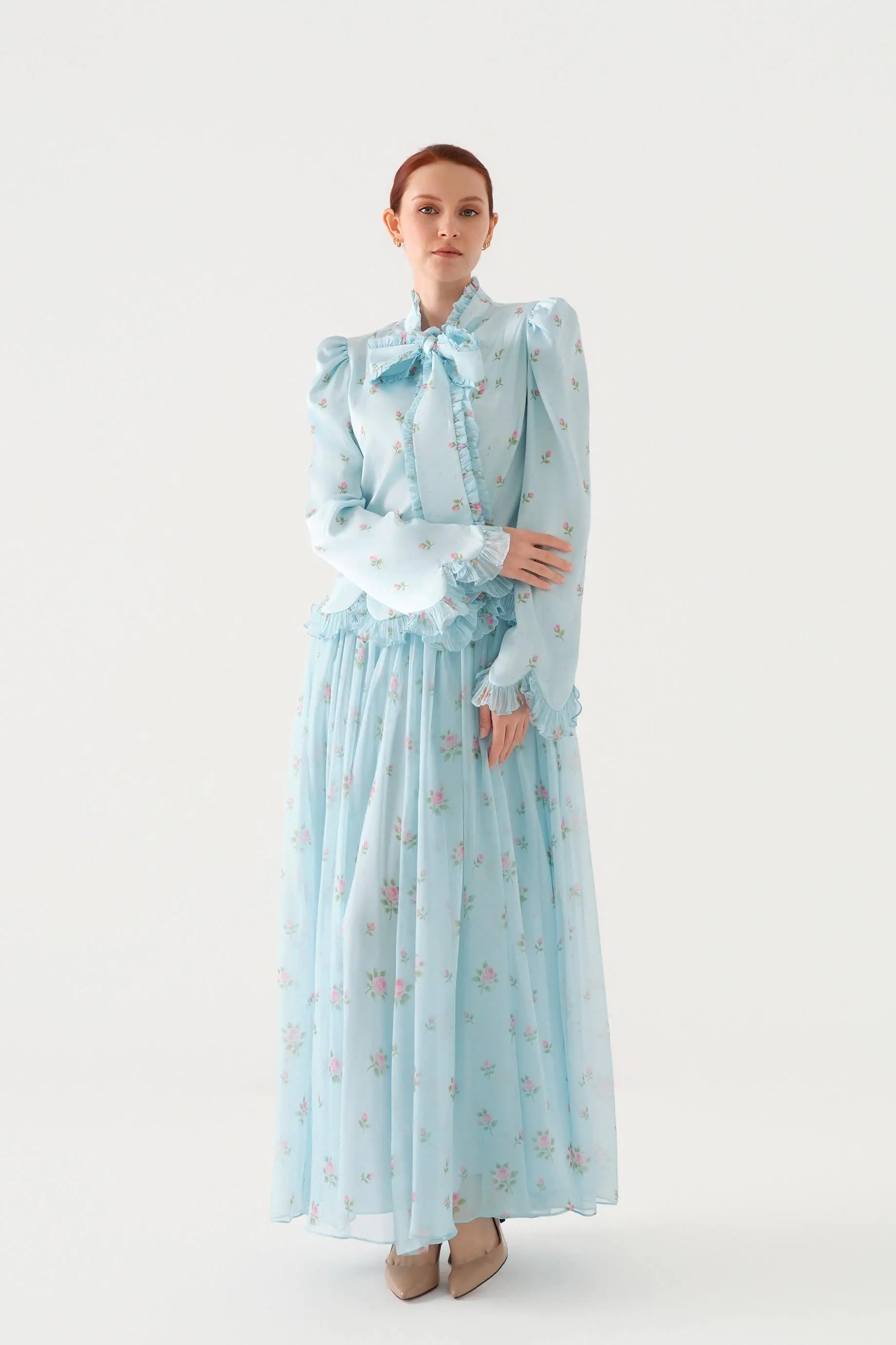 Bow-Neck Gathered Printed Maxi Dress – Blue, photo 5