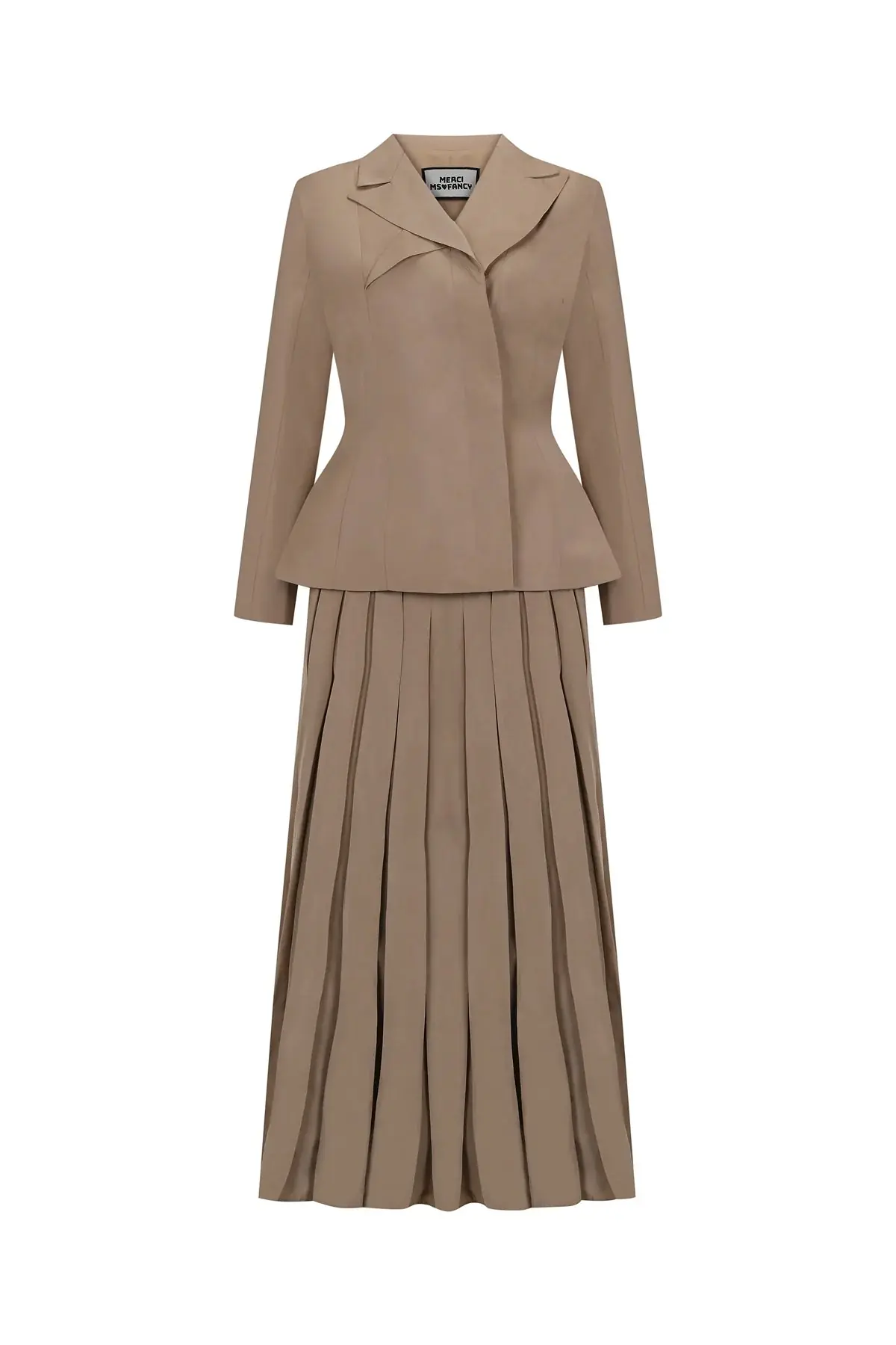 Structured Collar Jacket & Pleated Skirt Set – Camel