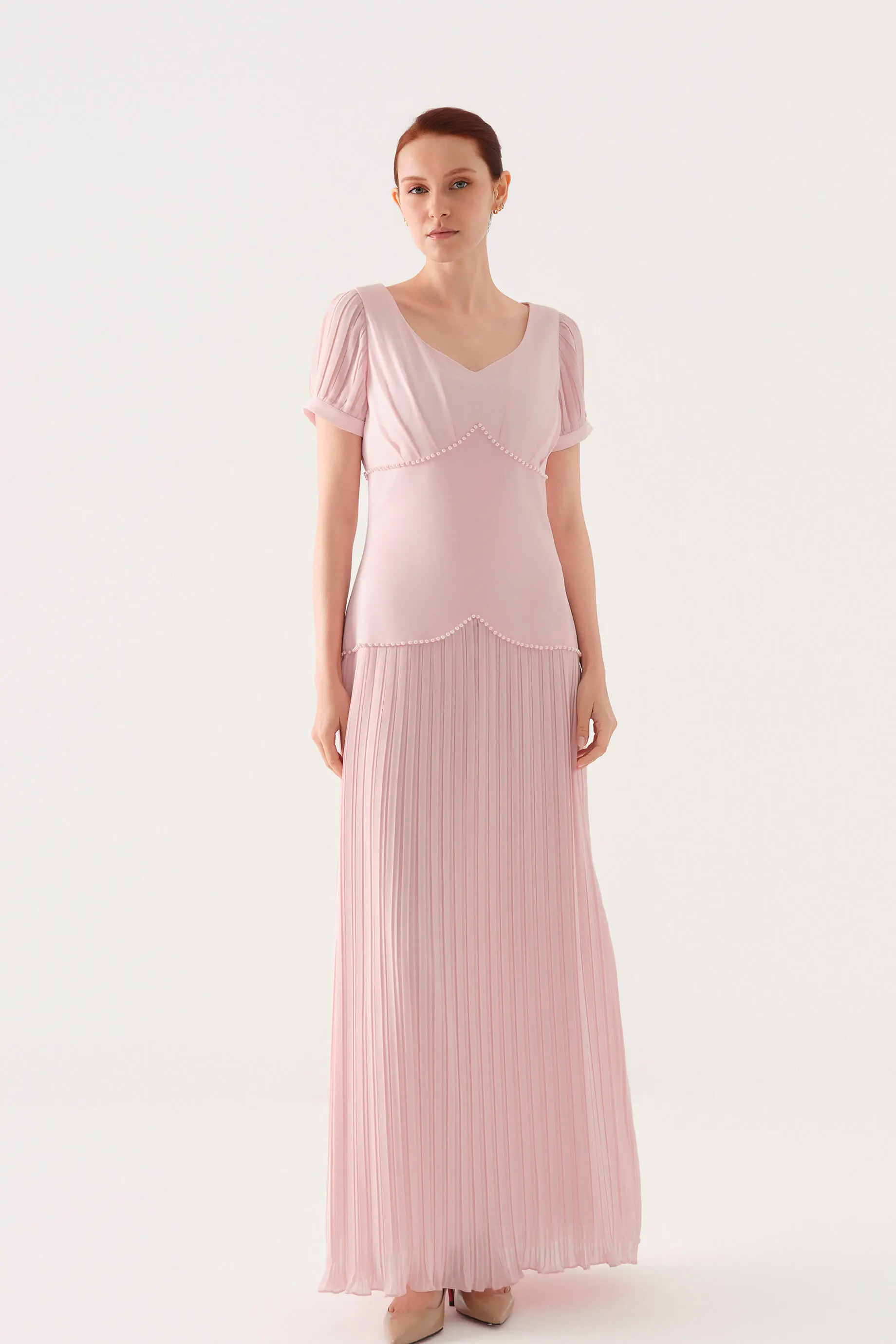 Embellished-Waist Pleated Chiffon Crepe Maxi Dress – Pink