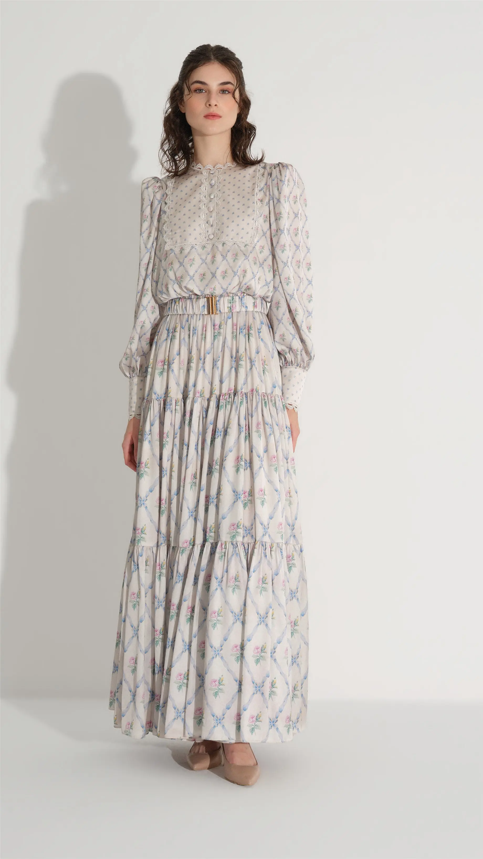 Diamond-Pattern Chiffon Satin Dress – Cream