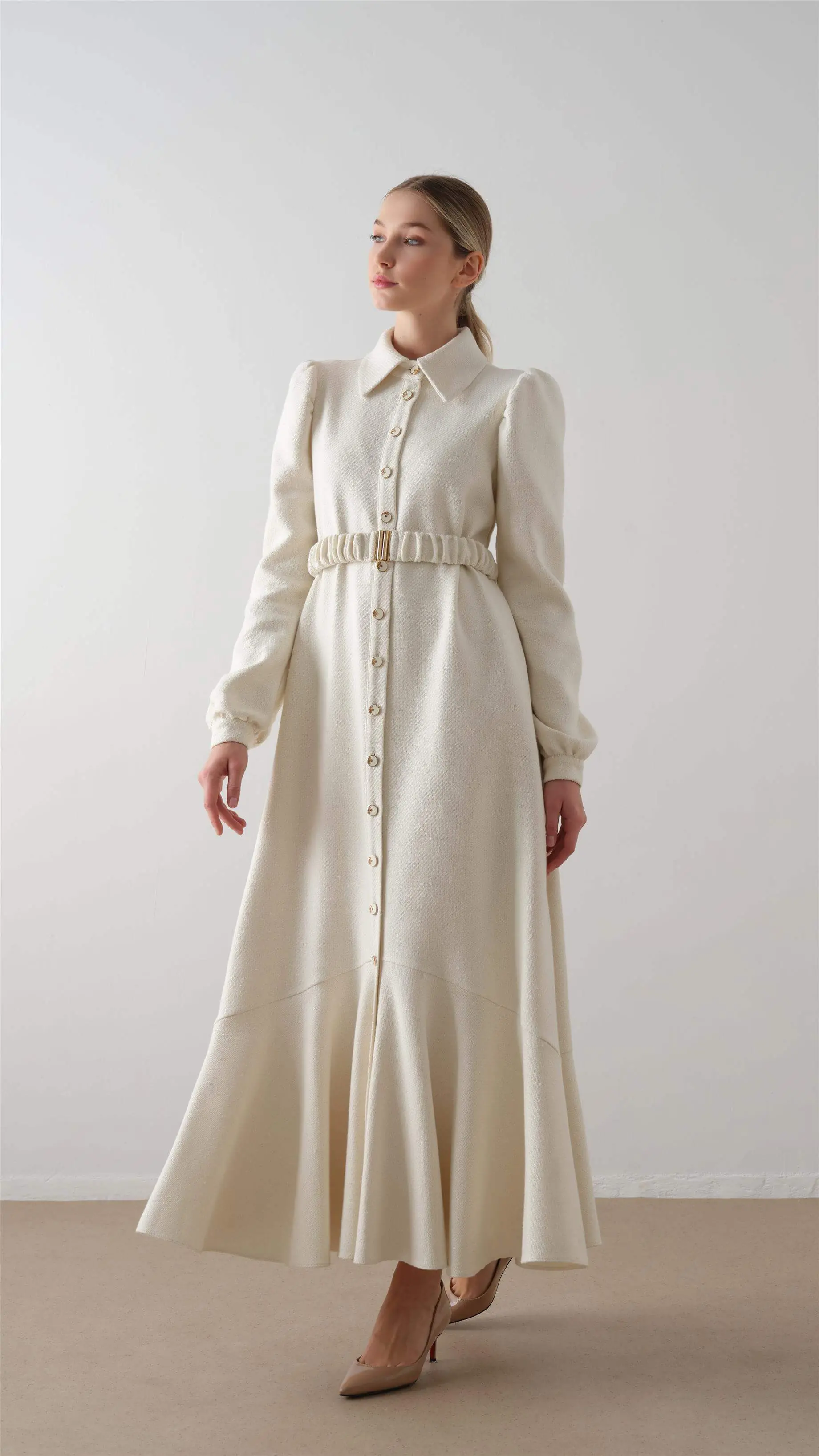 Elastic Belted Tweed Dress – Ecru, photo 4