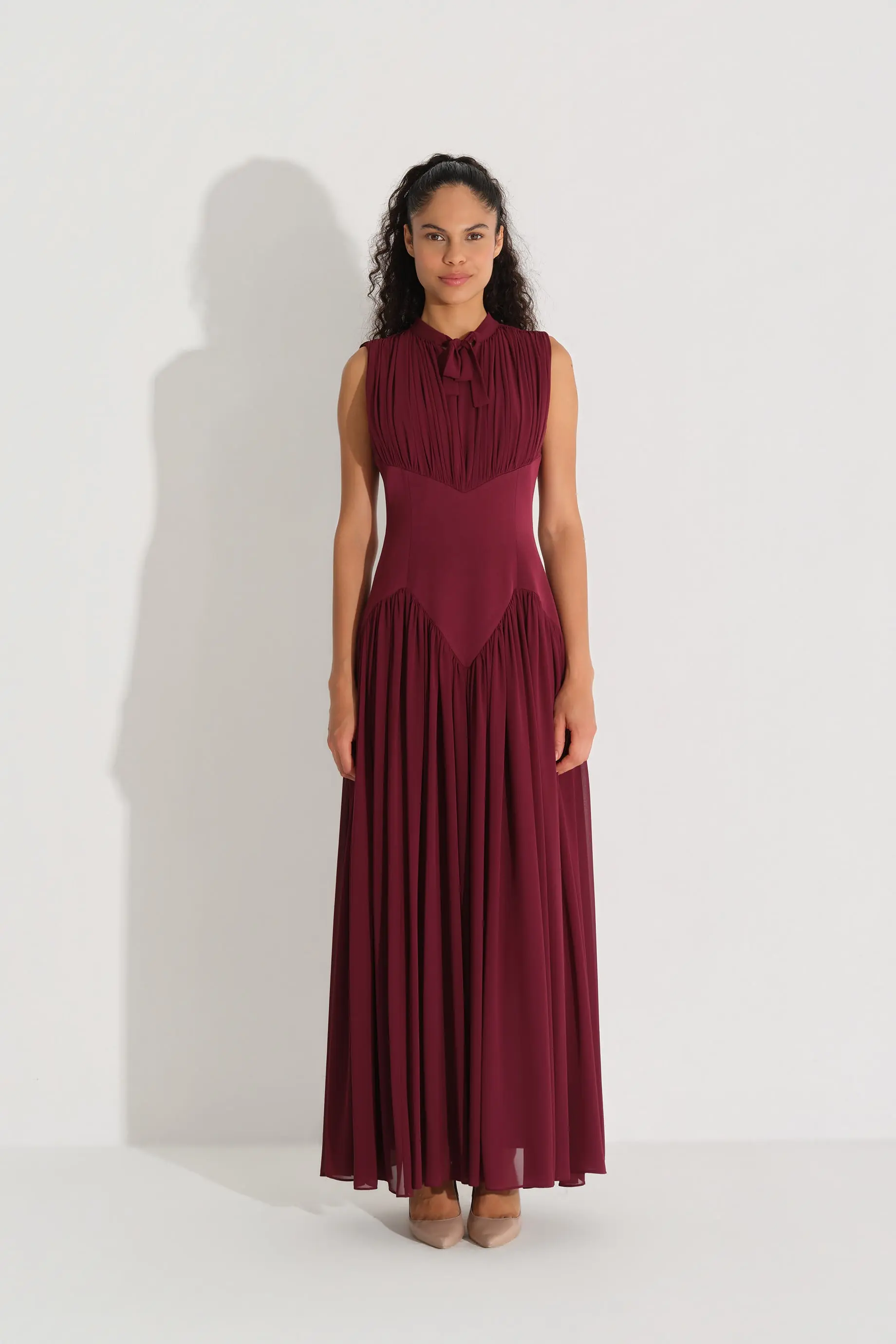 Bow-Neck Corset-Detail Chiffon Dress - Bordeaux