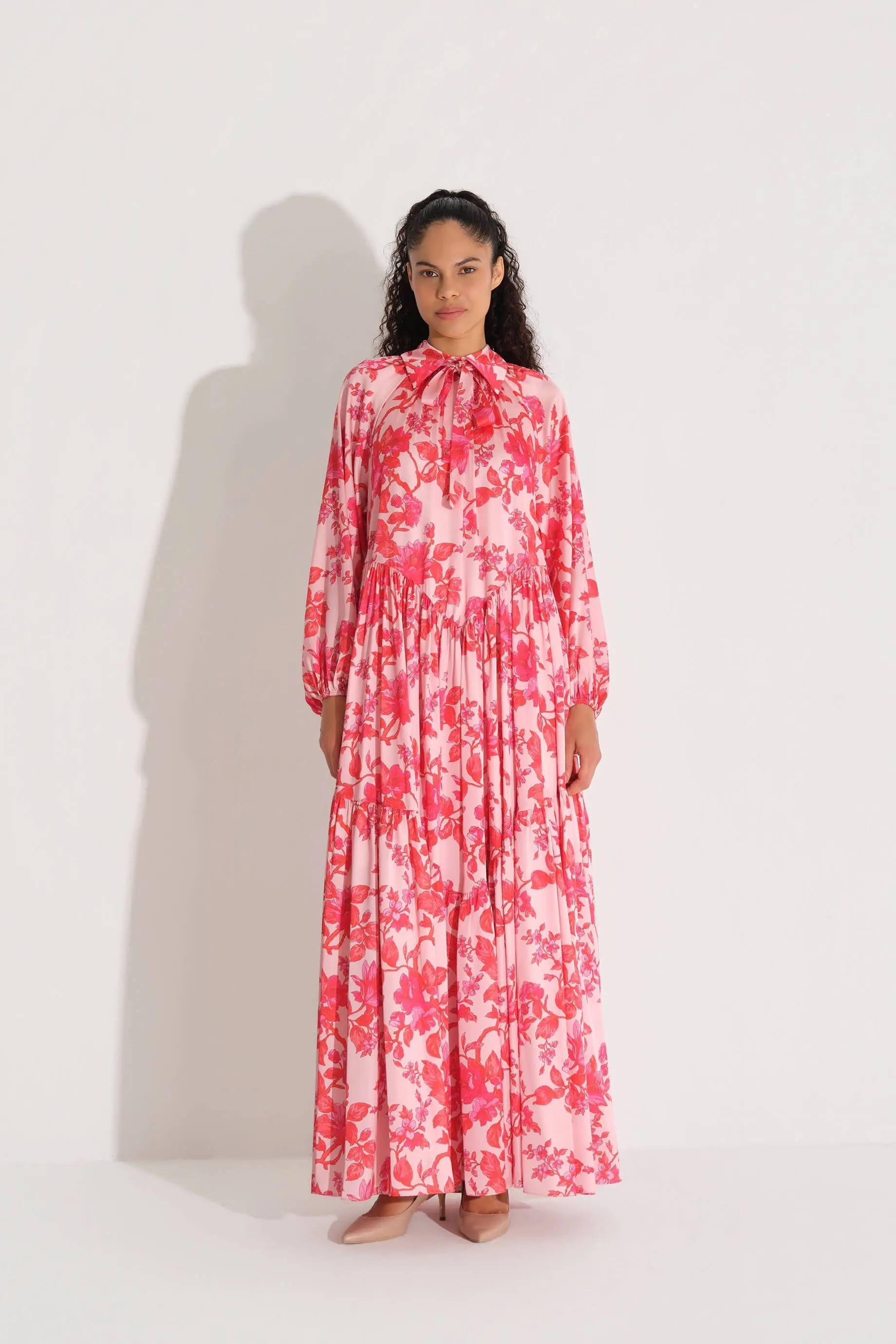 Bow-Neck Floral Satin Chiffon Dress – Red