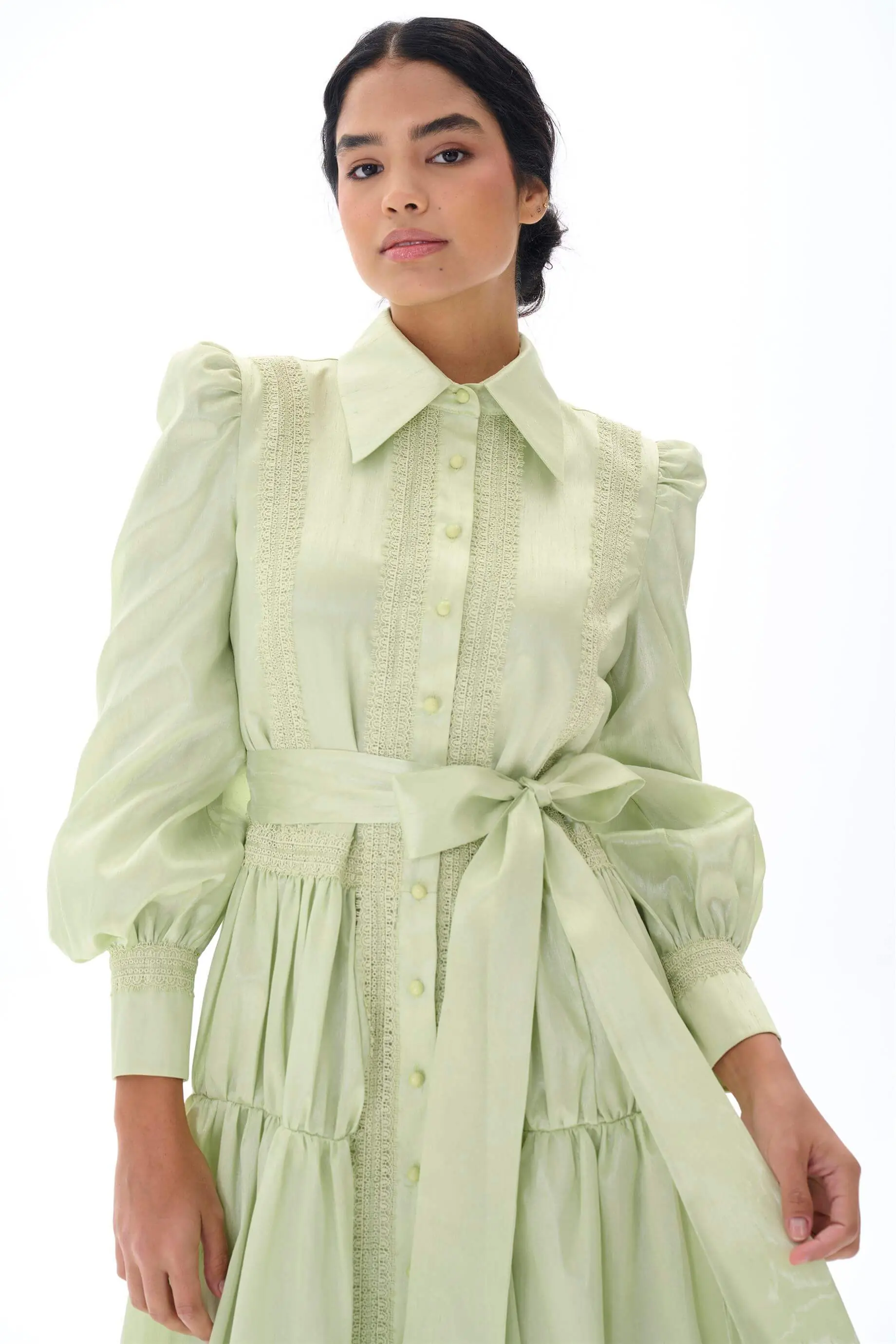 Lace Panel Belted Shirt Dress – Green, photo 4