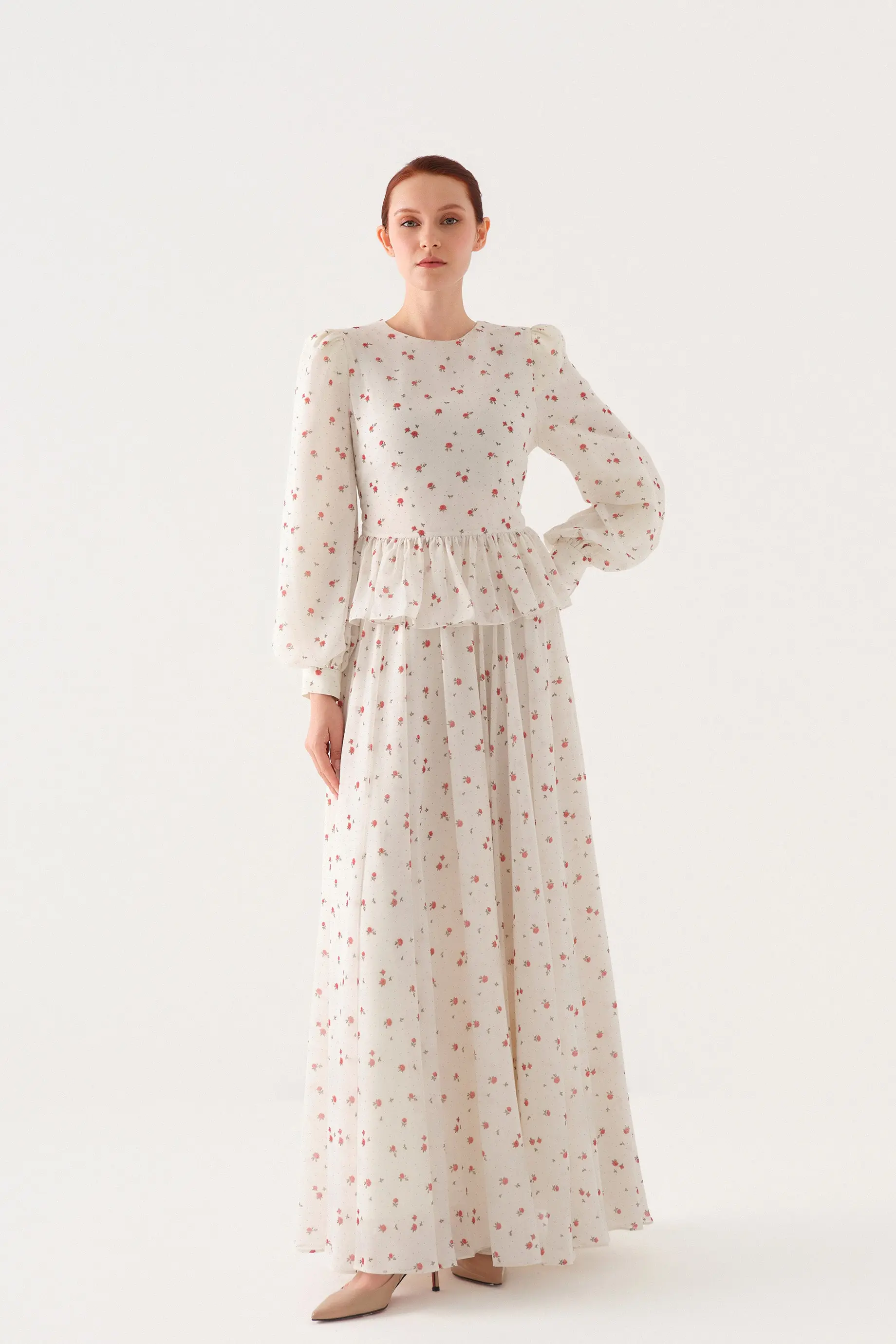 Small-Floral Print Chiffon Blouse and Maxi Skirt Set – Ecru, photo 2