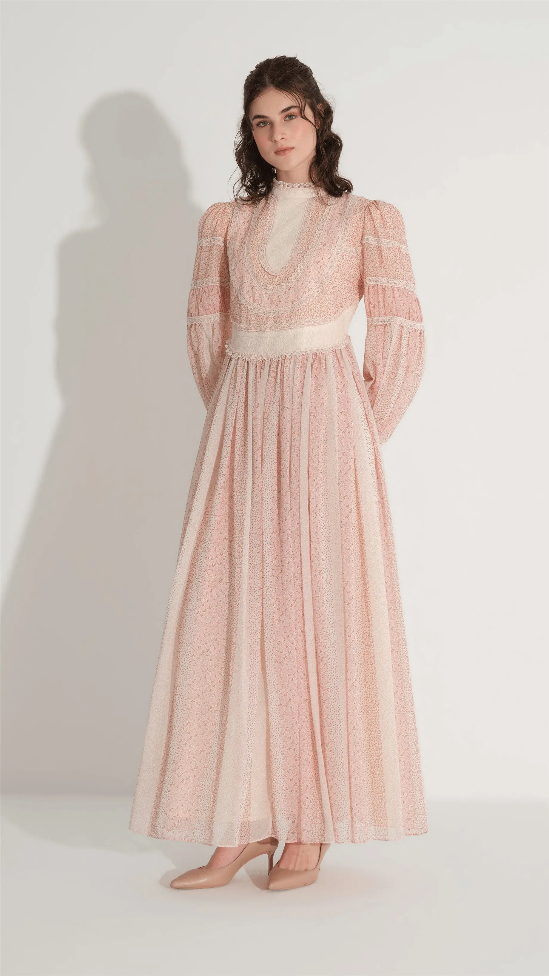 Lace Trim Gathered Chiffon Dress – Powder Pink, photo 3