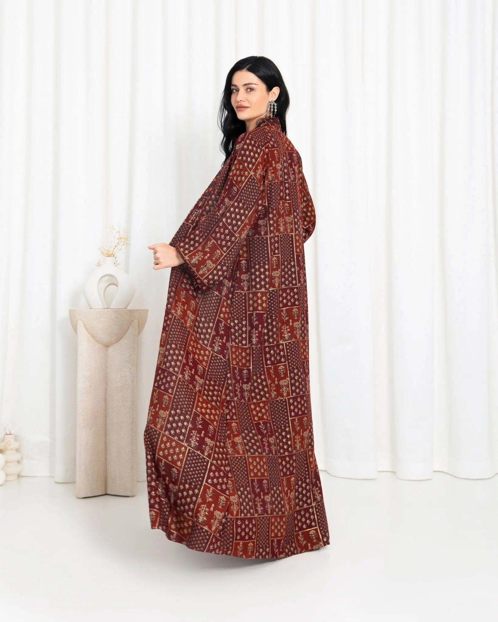 Maroon Floral Check Kimono Abaya, photo 4