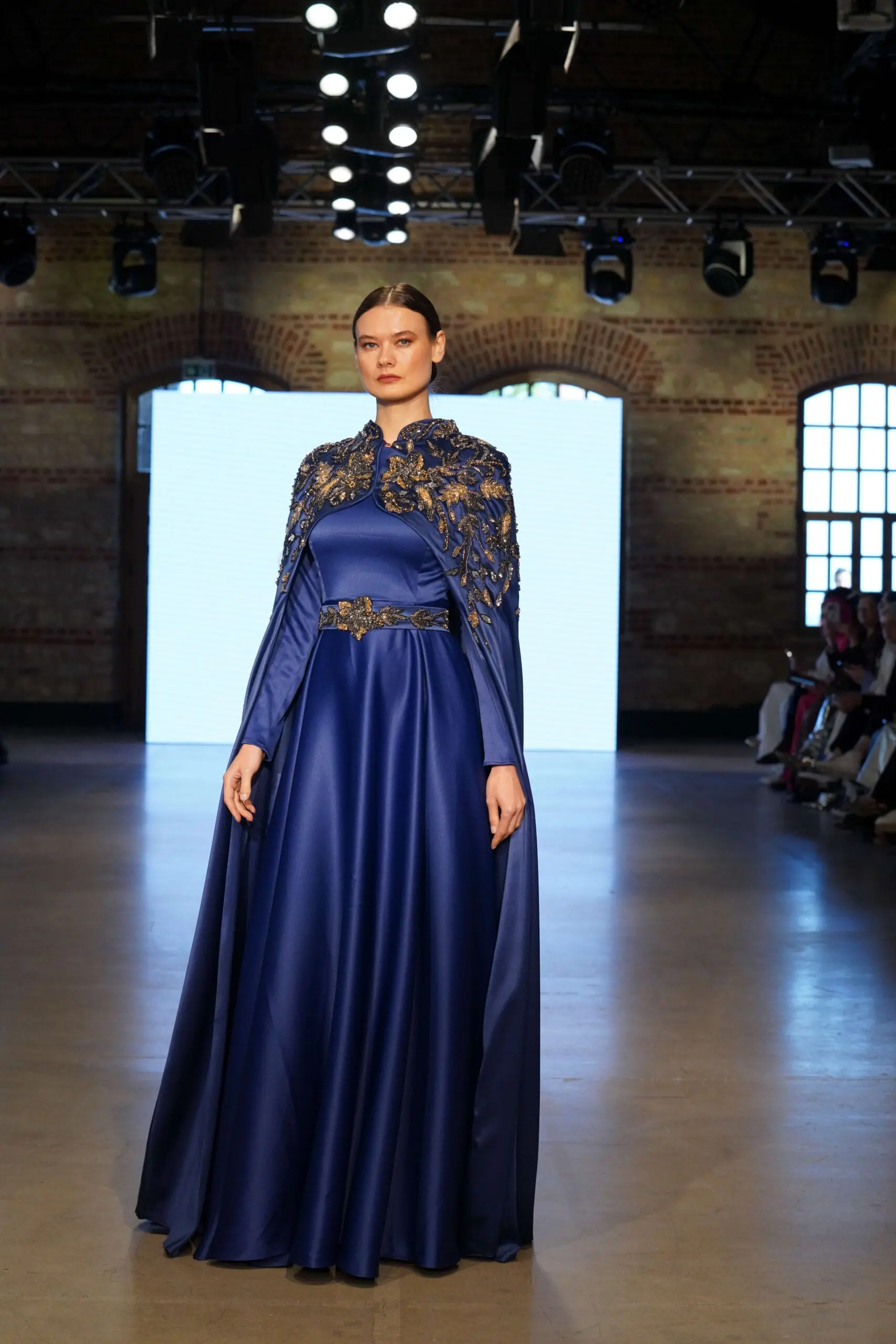 Silk Crescent Balcanian Embroidered Satin Gown – Navy