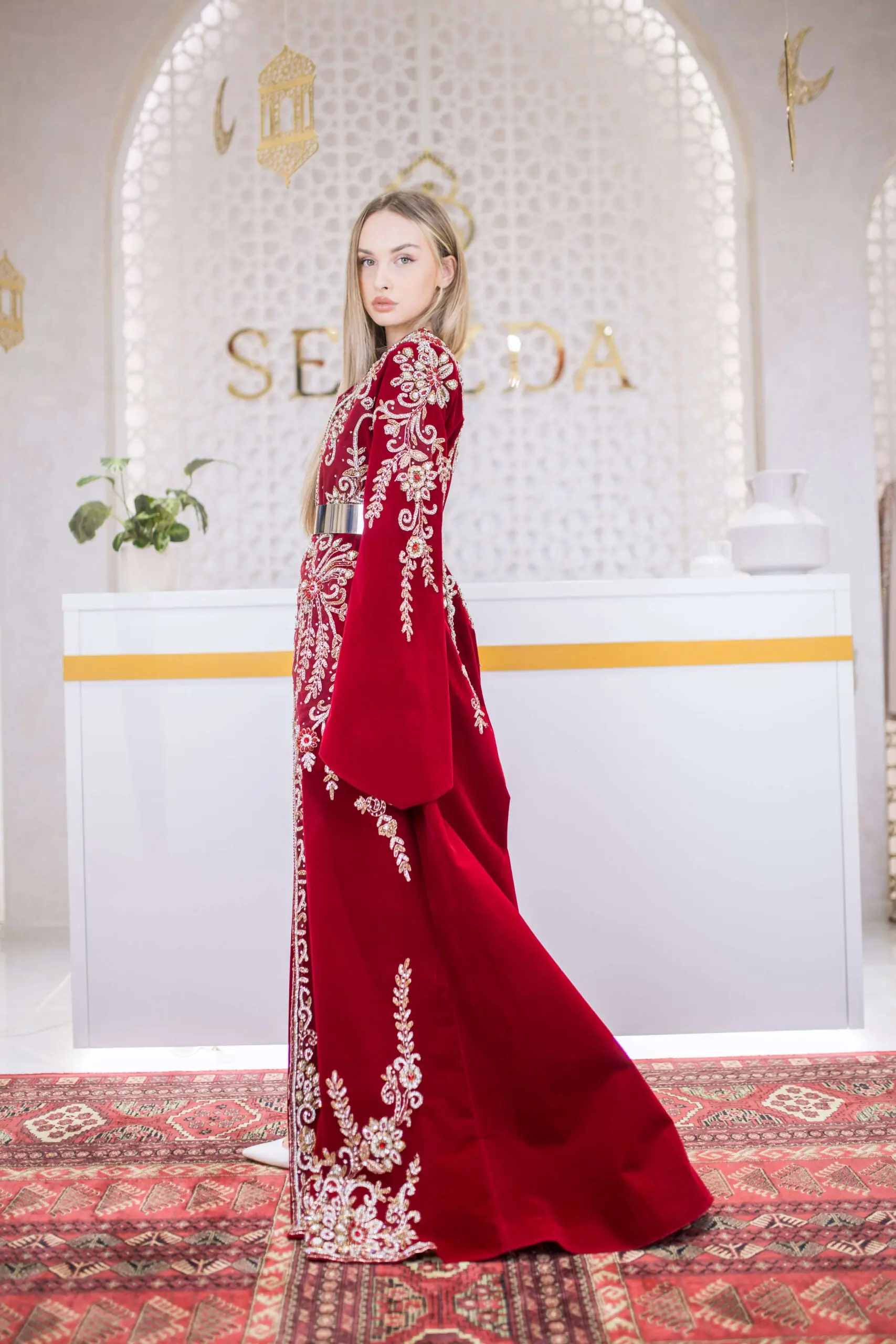 Whispered Elegance Velvet Kaftan – Red, photo 7