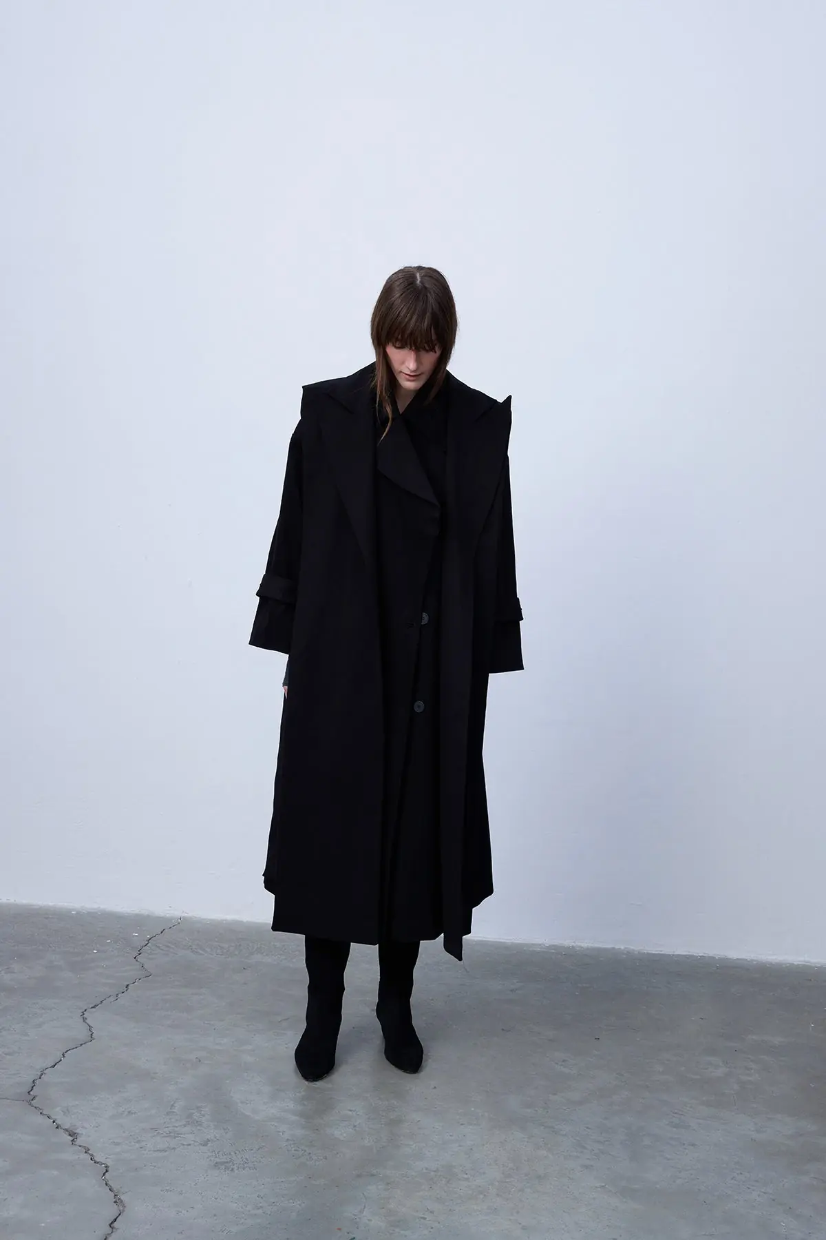 Double-Breasted Belted Cotton Trench Coat - Black, photo 2