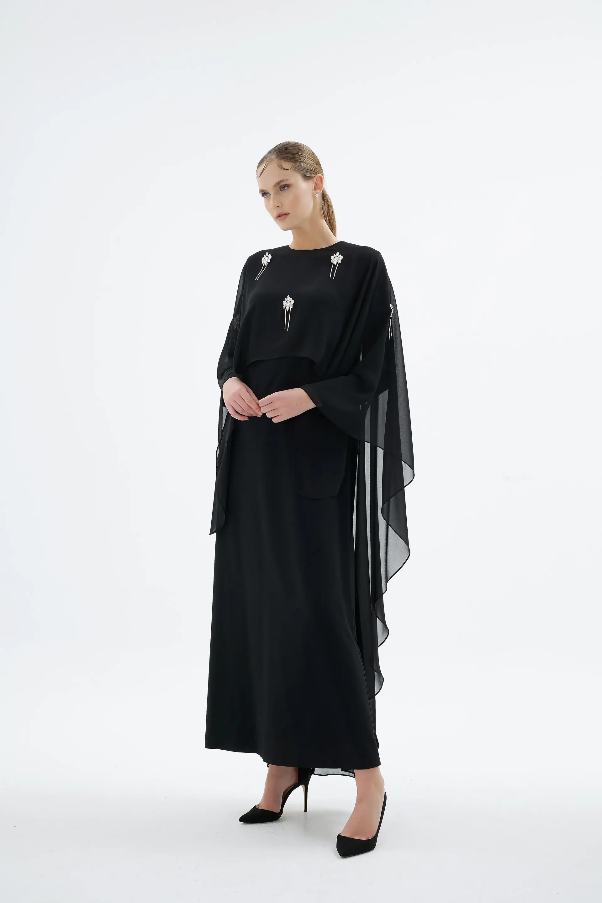 Alera Embellished Cape Dress – Black, photo 4