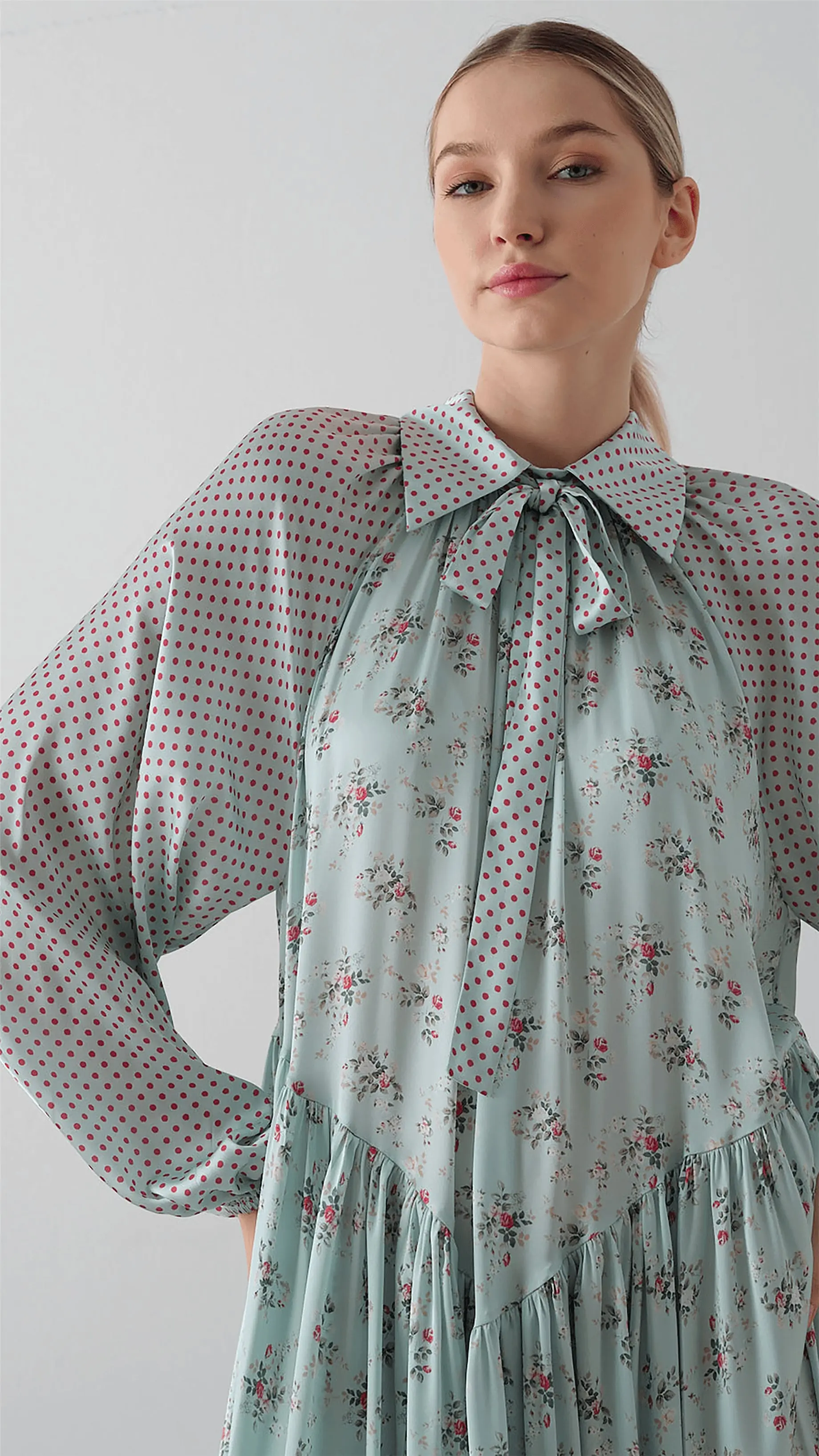 Bow Neck Chiffon Satin Dress – Mint, photo 2