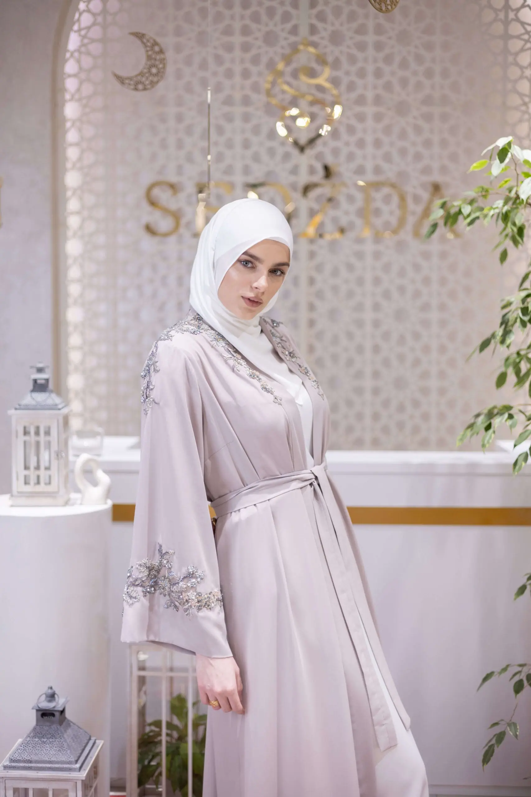 Silk Crown Embellished Abaya – Soft Taupe, photo 2
