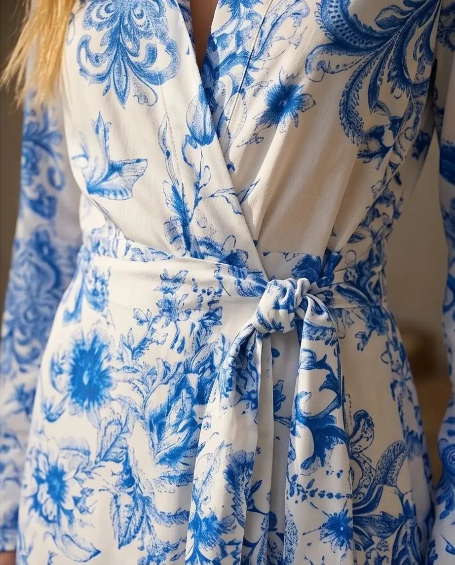 Red Floral Wrap Maxi Shirt Dress – White & Blue, photo 3