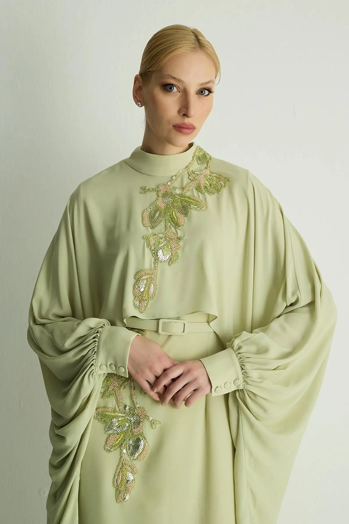 Petunia Embellished Cape Dress – Pastel Green, photo 4