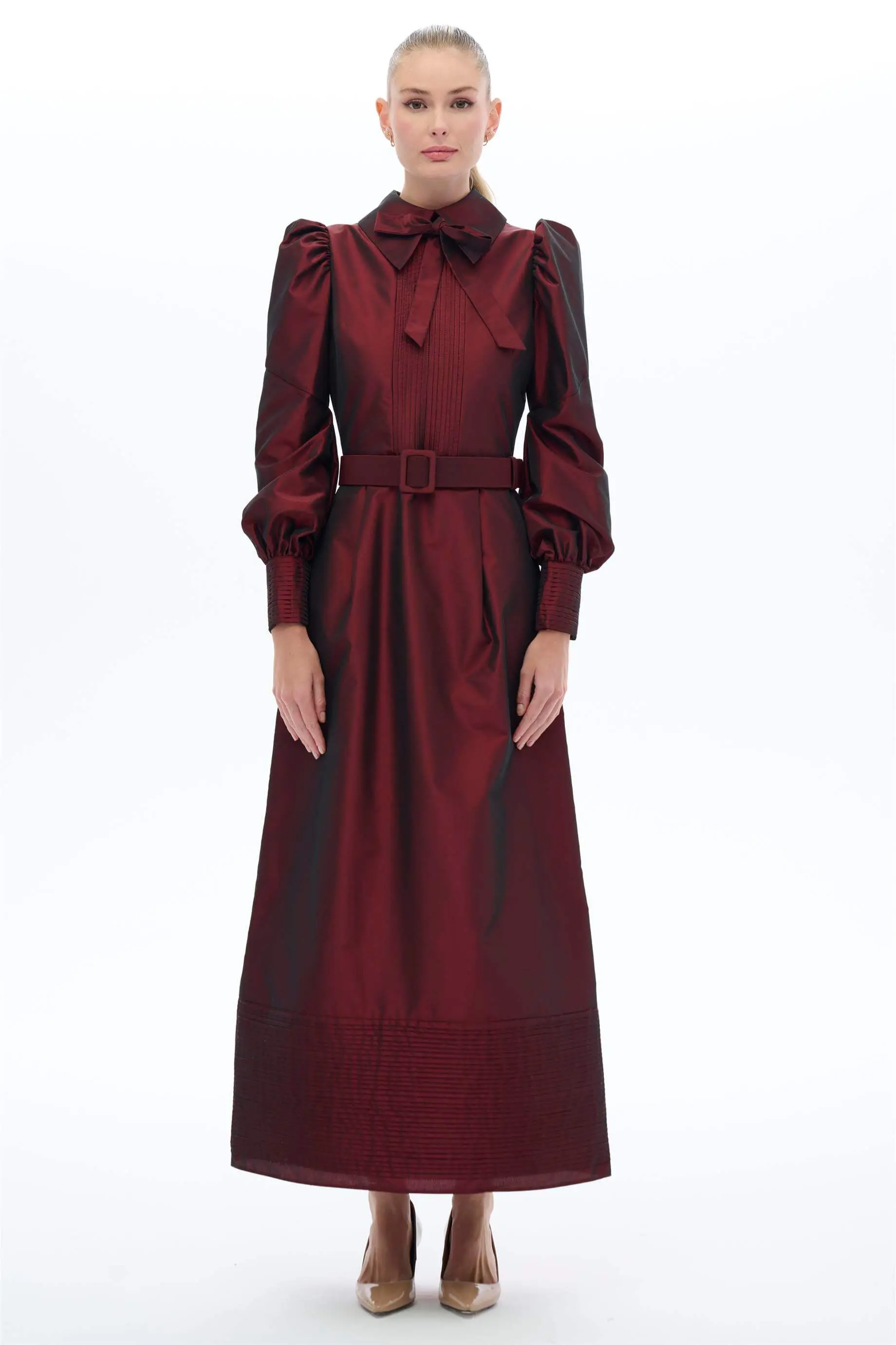 Pintuck Taffeta Belted Dress – Burgundy