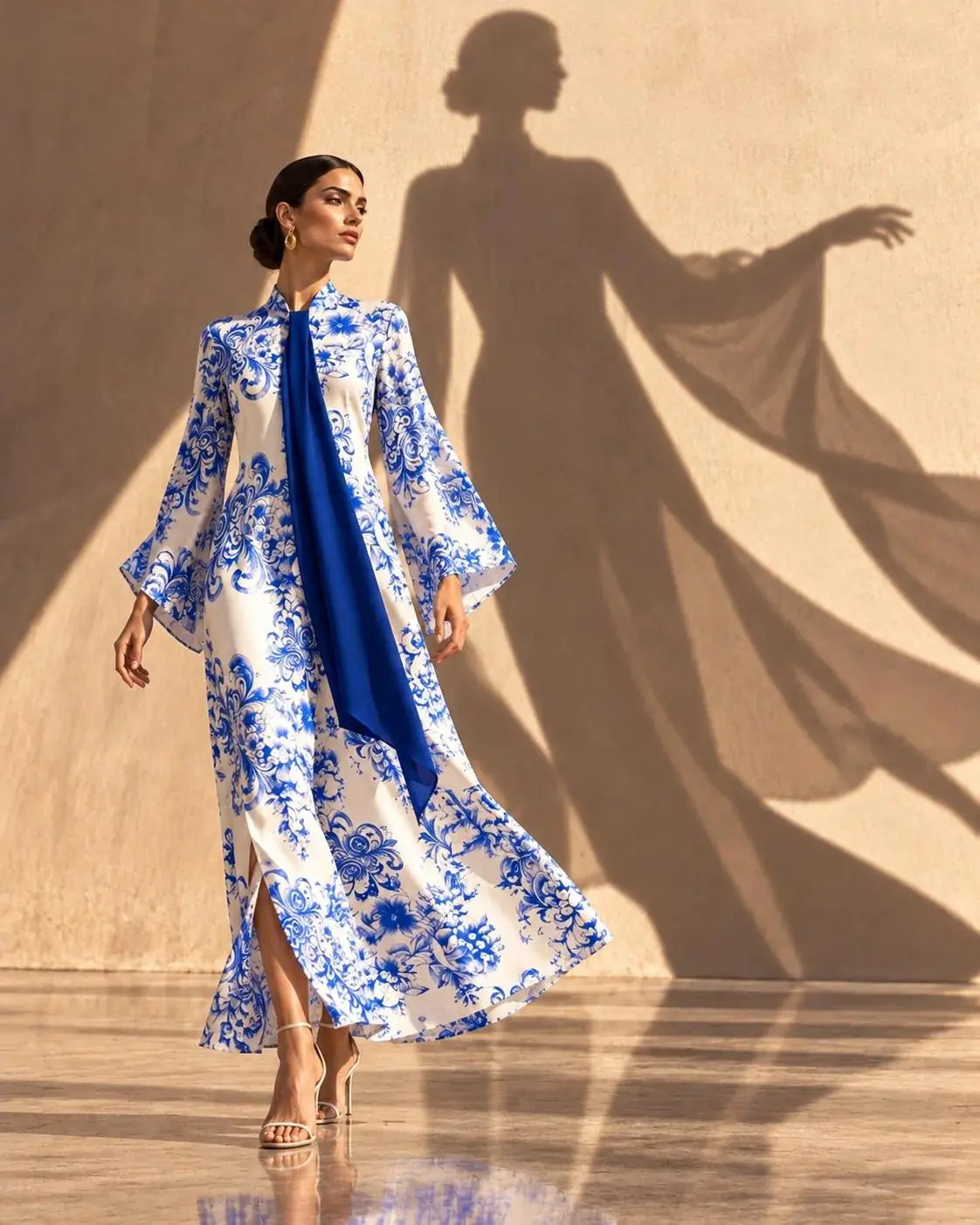 Blue China Floral Maxi Kaftan - White & Blue, photo 7
