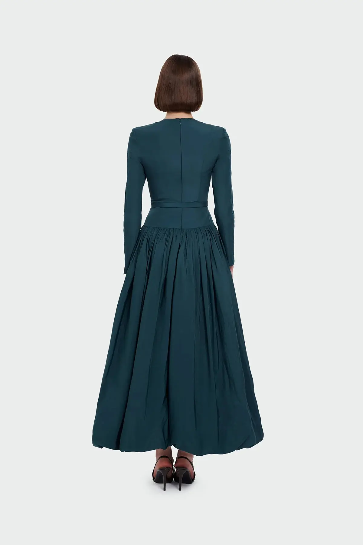 Long-Sleeved Evening Dress with Belt Detail - Emerald Green, photo 4
