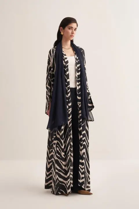 Zebra Print Monochrome Abaya with Matching Navy Scarf