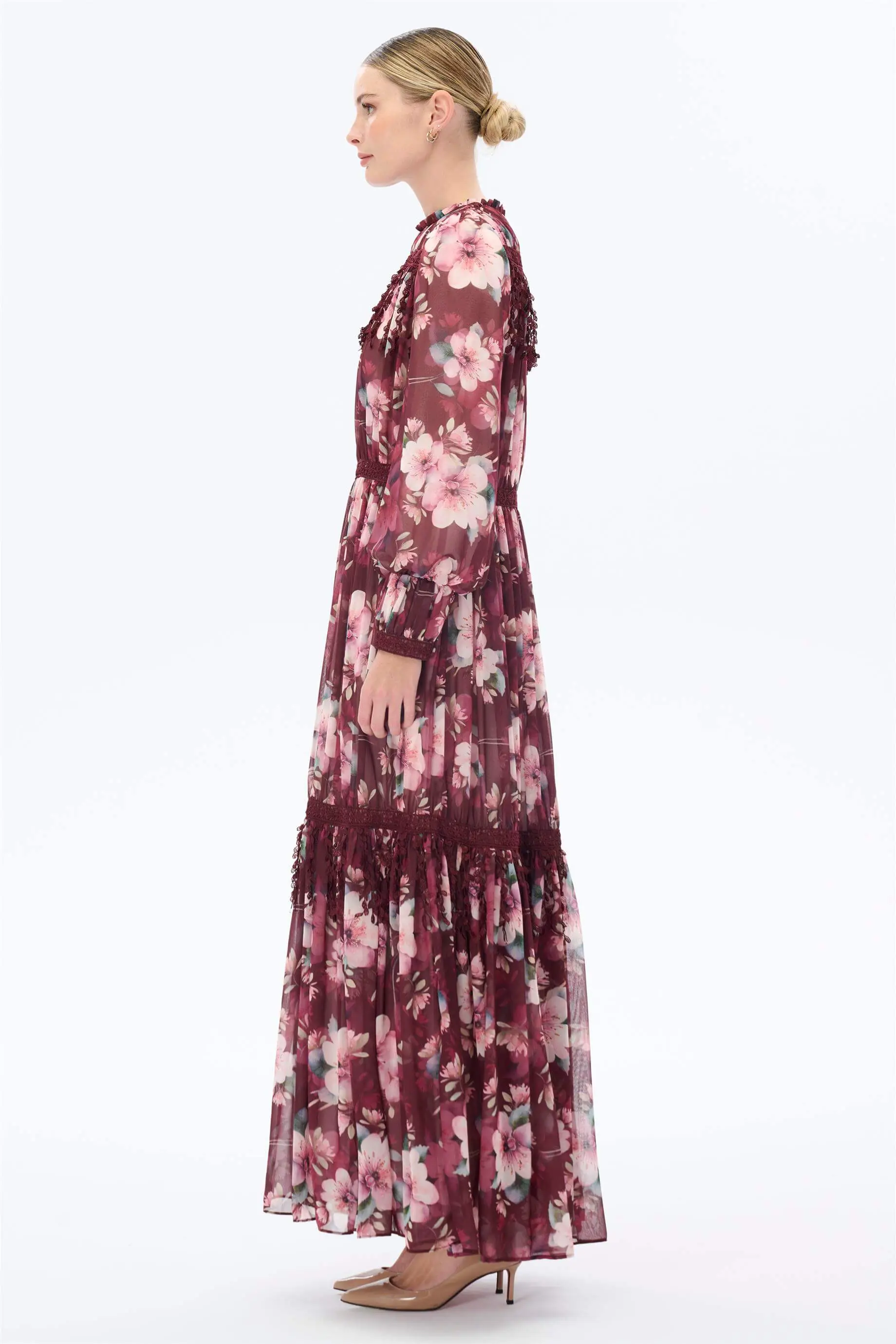 ŞERİT DANTELLİ ŞİFON ELBİSE Bordo, photo 2