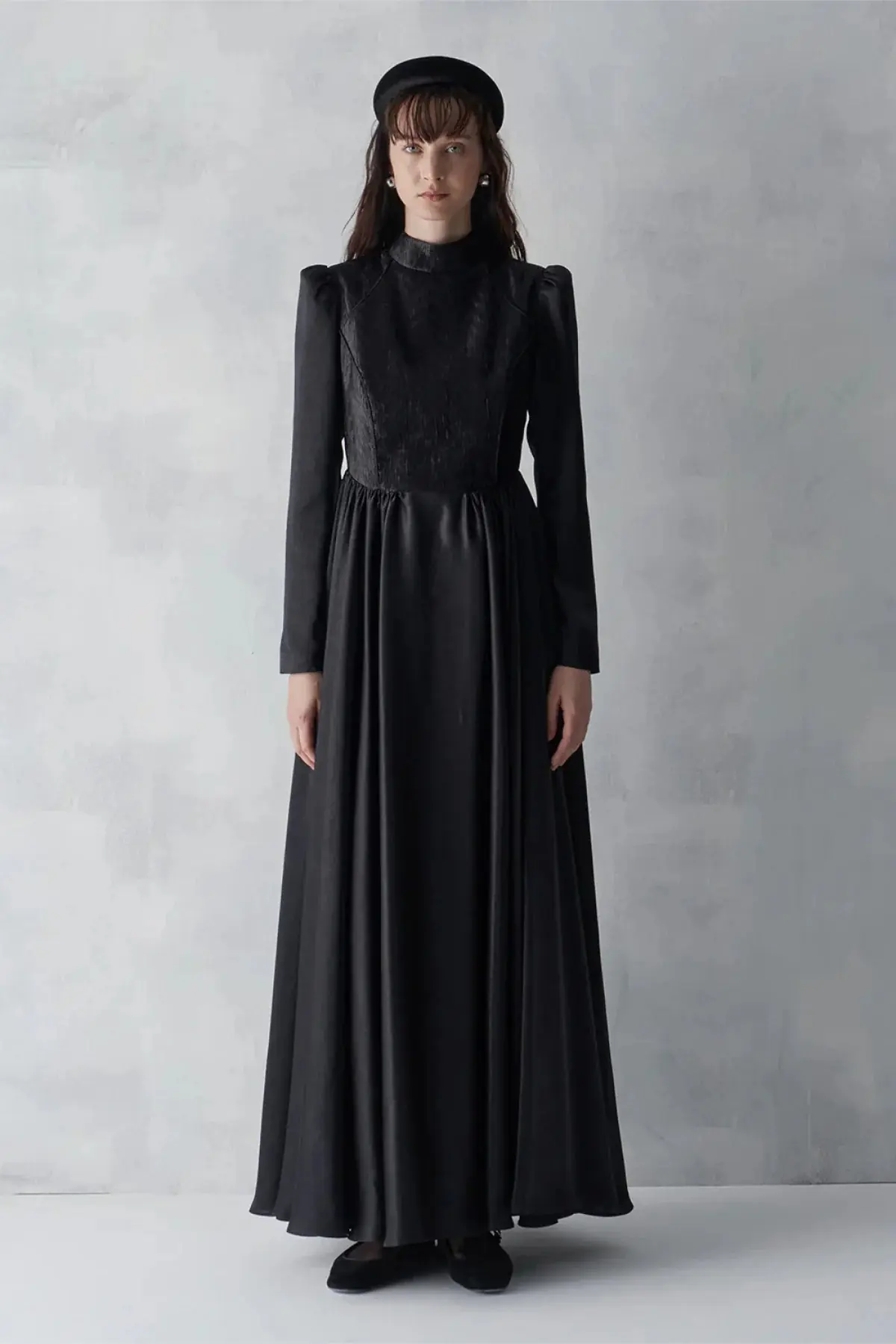 High Neck Textured Bodice Evening Gown – Black